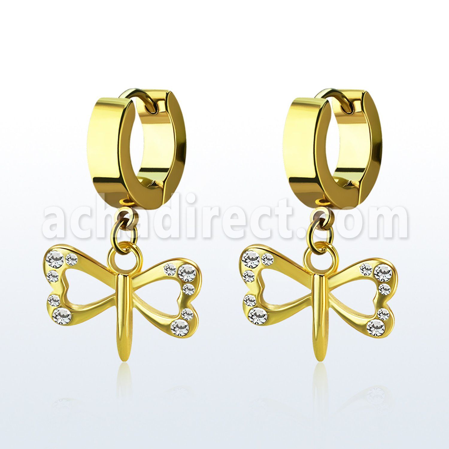 erg761 par pendientes huggie oreja acero inoxidable chapado pvd dorado pequeno colgante cristal libelula colgante laton chapado oro