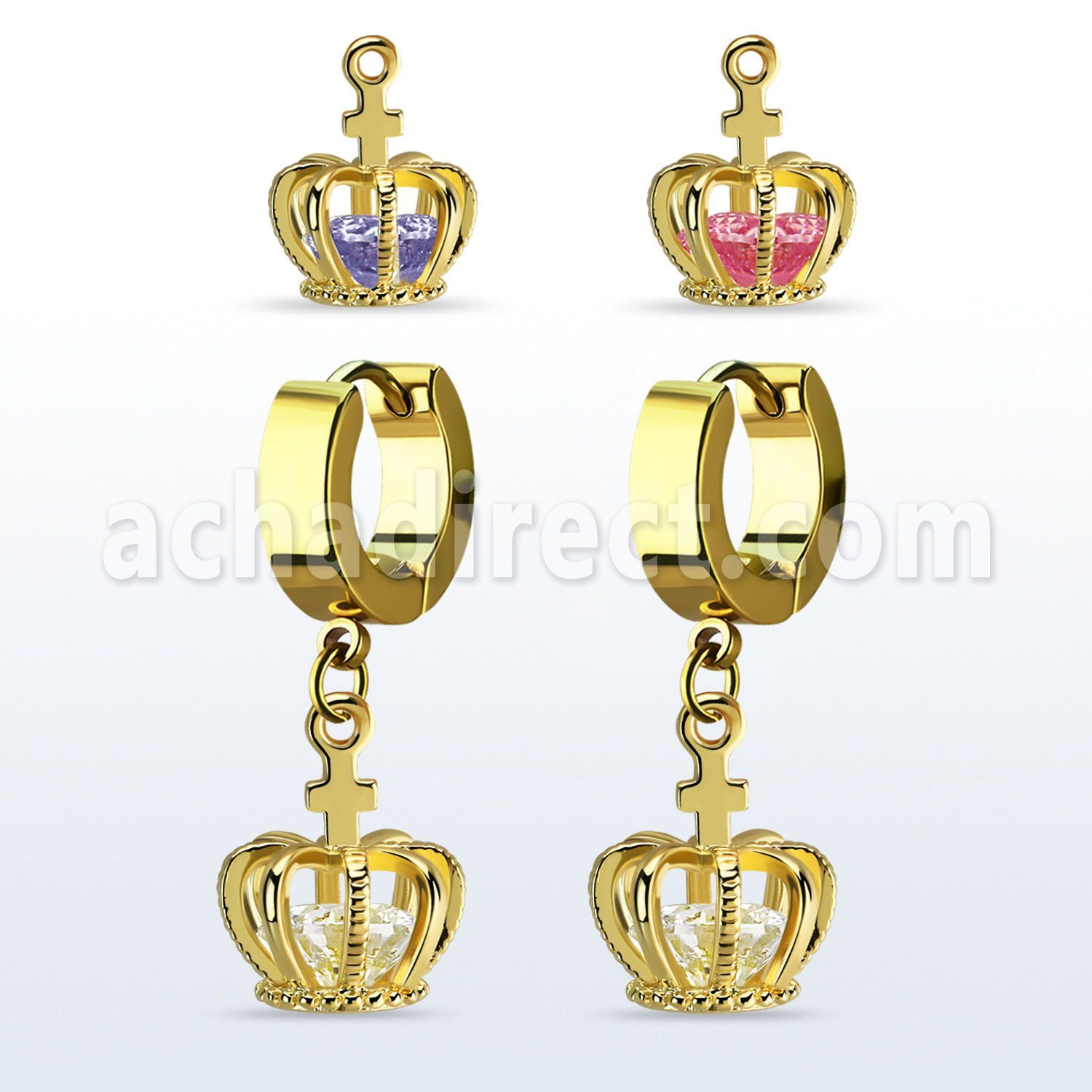 ergz590 par pendientes huggie oreja acero inoxidable oro colgante corona zirconia oro al por mayor