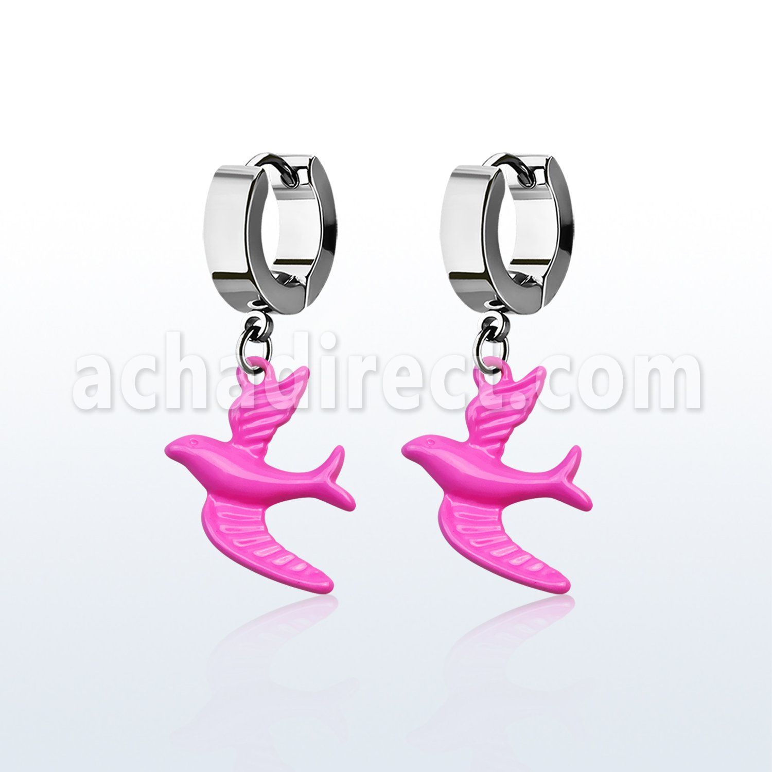 erh454 par pendientes huggie oreja acero inoxidable brillo espejo colgante pajaro color rosa distribuidor