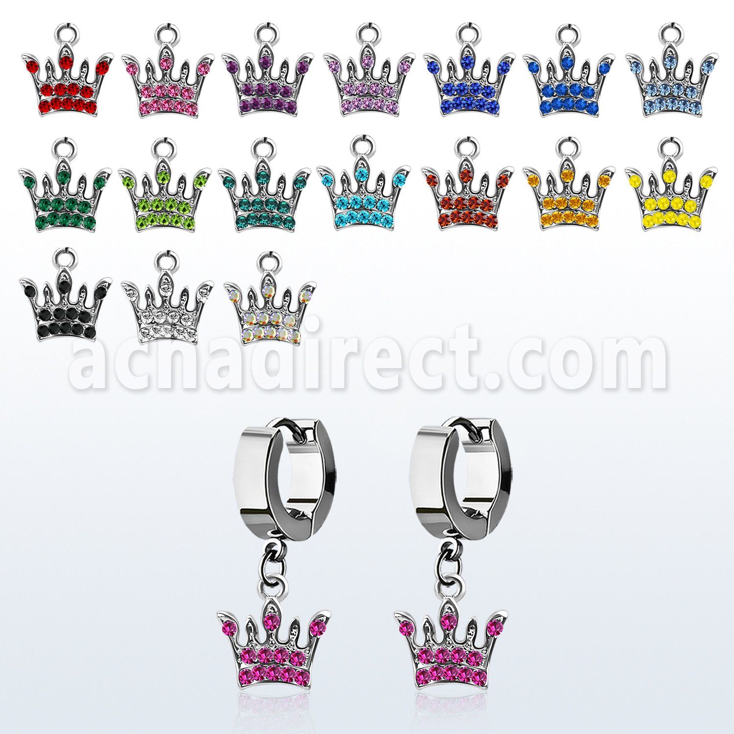 erhcr4 par pendientes huggie oreja acero inoxidable brillo espejo colgante cristal tachonado corona distribuidor mayorista