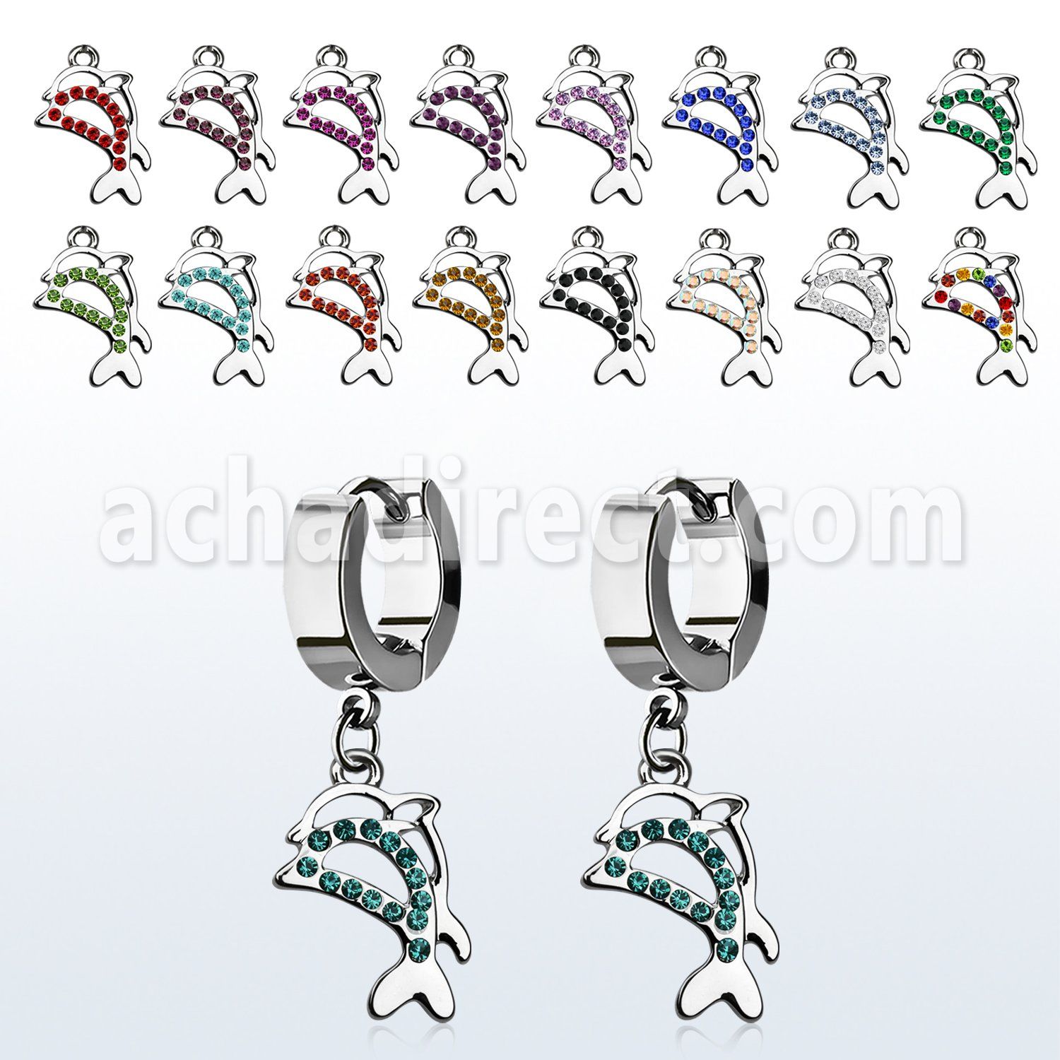 erhdp17 par pendientes huggie oreja acero inoxidable brillo espejo colgante cristal tachonado delfines al por mayor