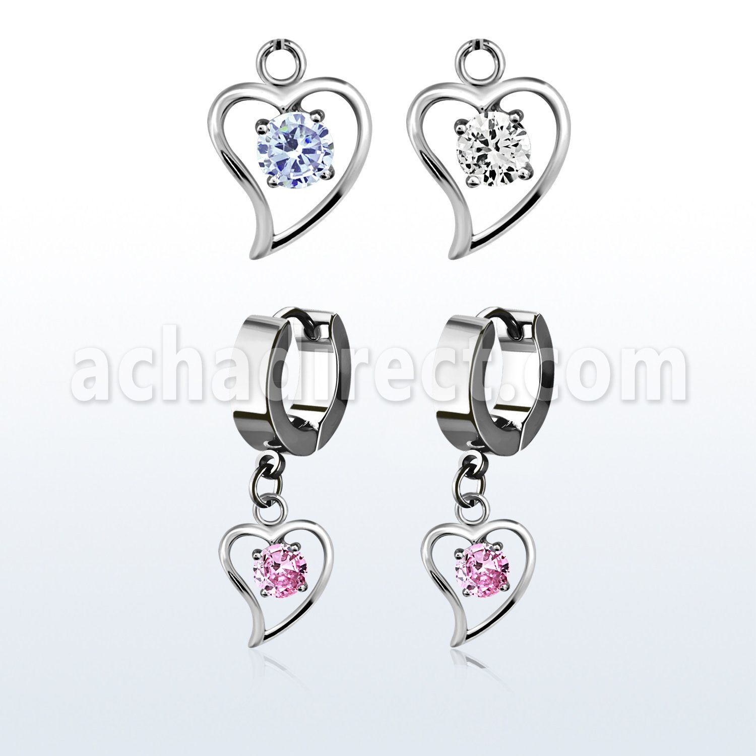 erhz17 par pendientes huggie oreja acero inoxidable brillo espejo zirconia redonda corazon colgante mayorista