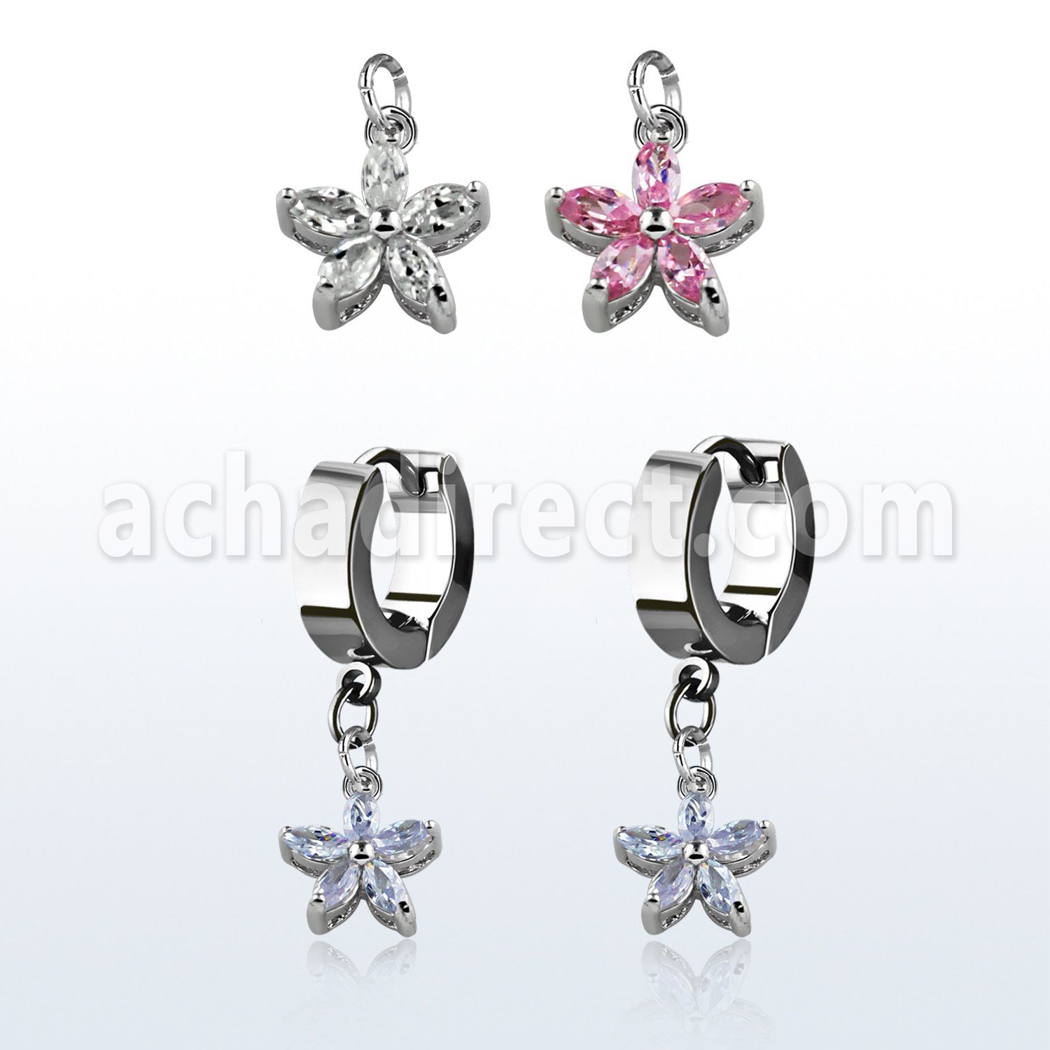 erhz319 par pendientes huggie oreja acero inoxidable brillo espejo colgante flor petalos zirconia distribuidor