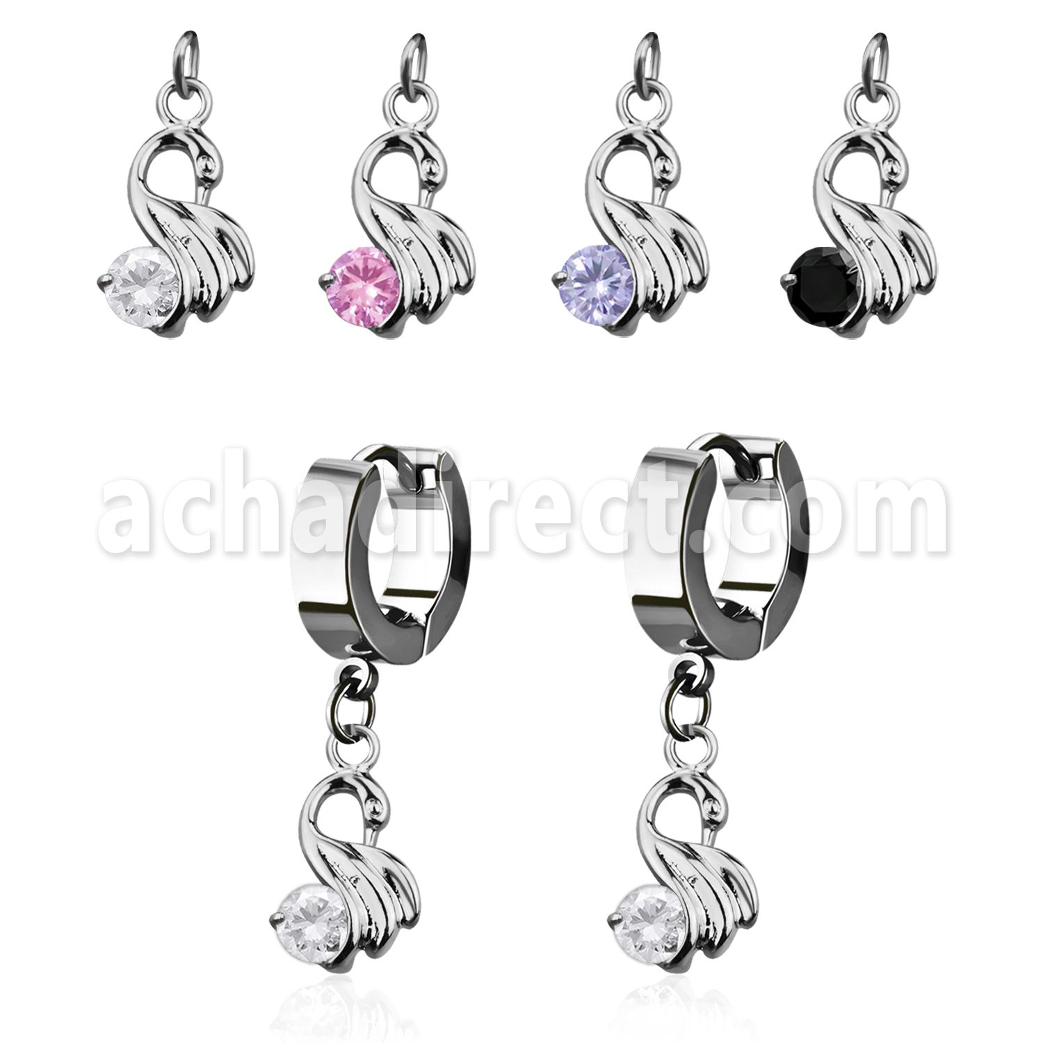 erhz375 par pendientes huggie oreja acero inoxidable brillo espejo colgante cisne zirconita redonda distribuidor