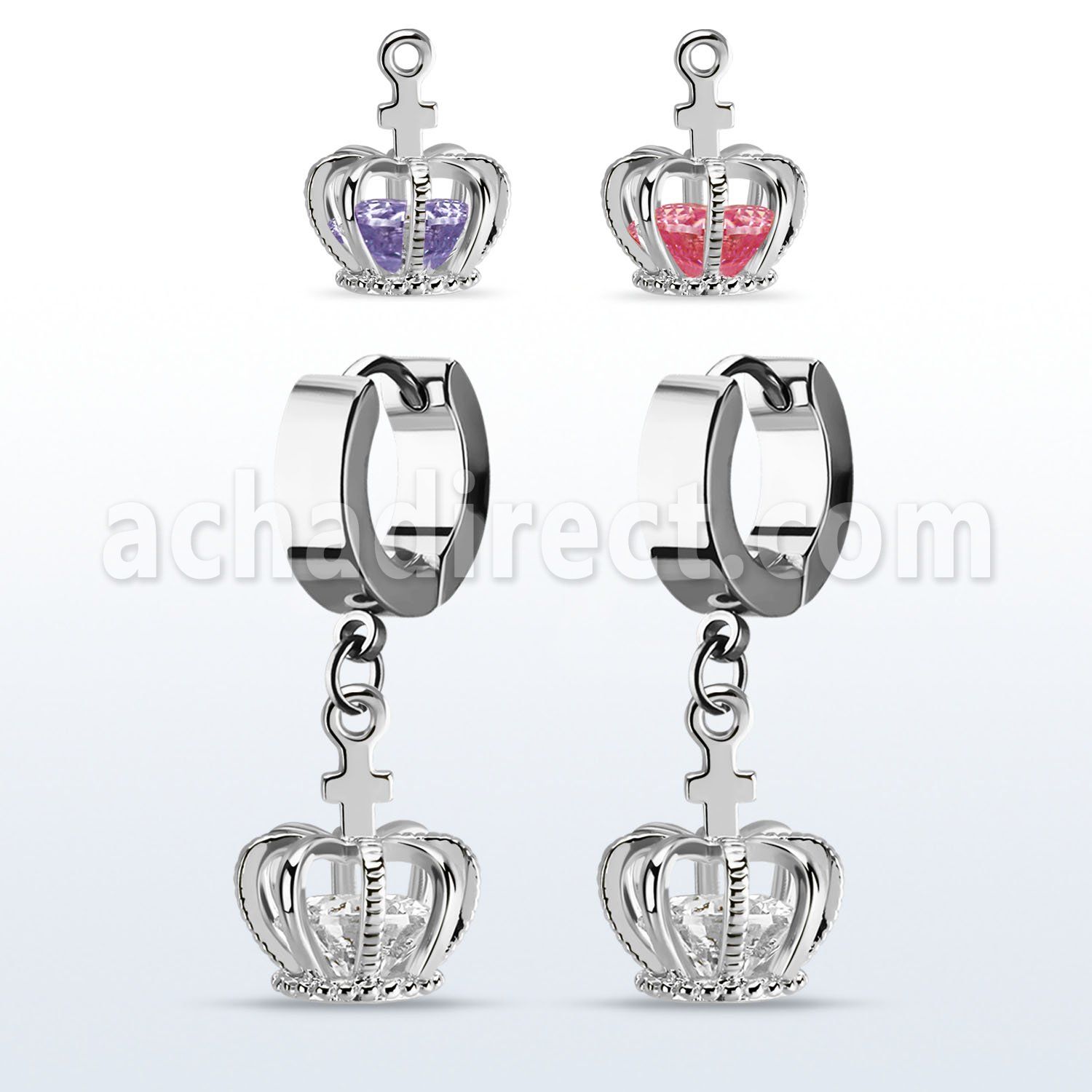 erhz590 par pendientes huggie oreja acero inoxidable brillo espejo colgante corona zirconia plata al por mayor