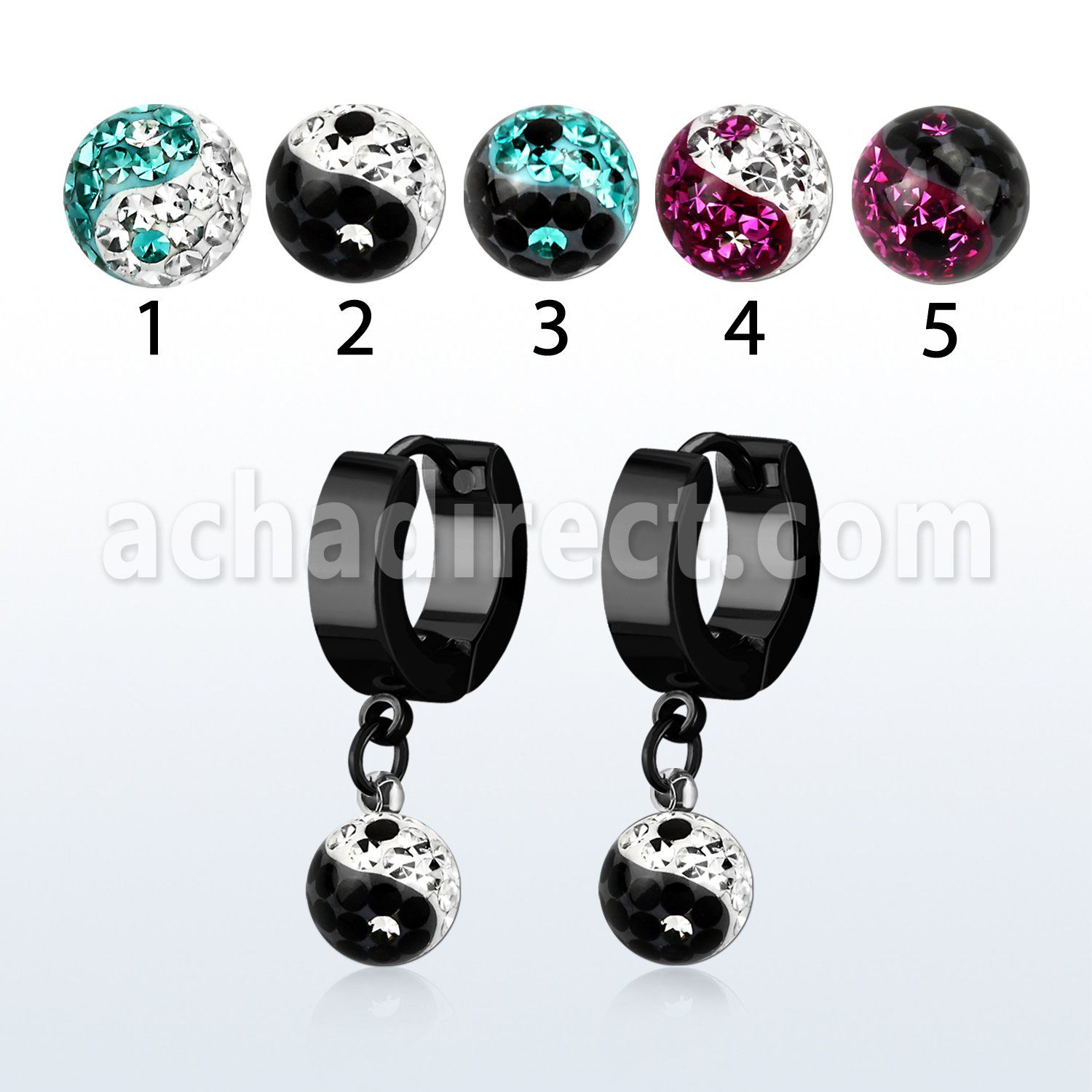 erkfry8 pendiente huggie oreja acero inoxidable pvd negro colgante bola 8mm multi cristal ferido ying yang distribuidor