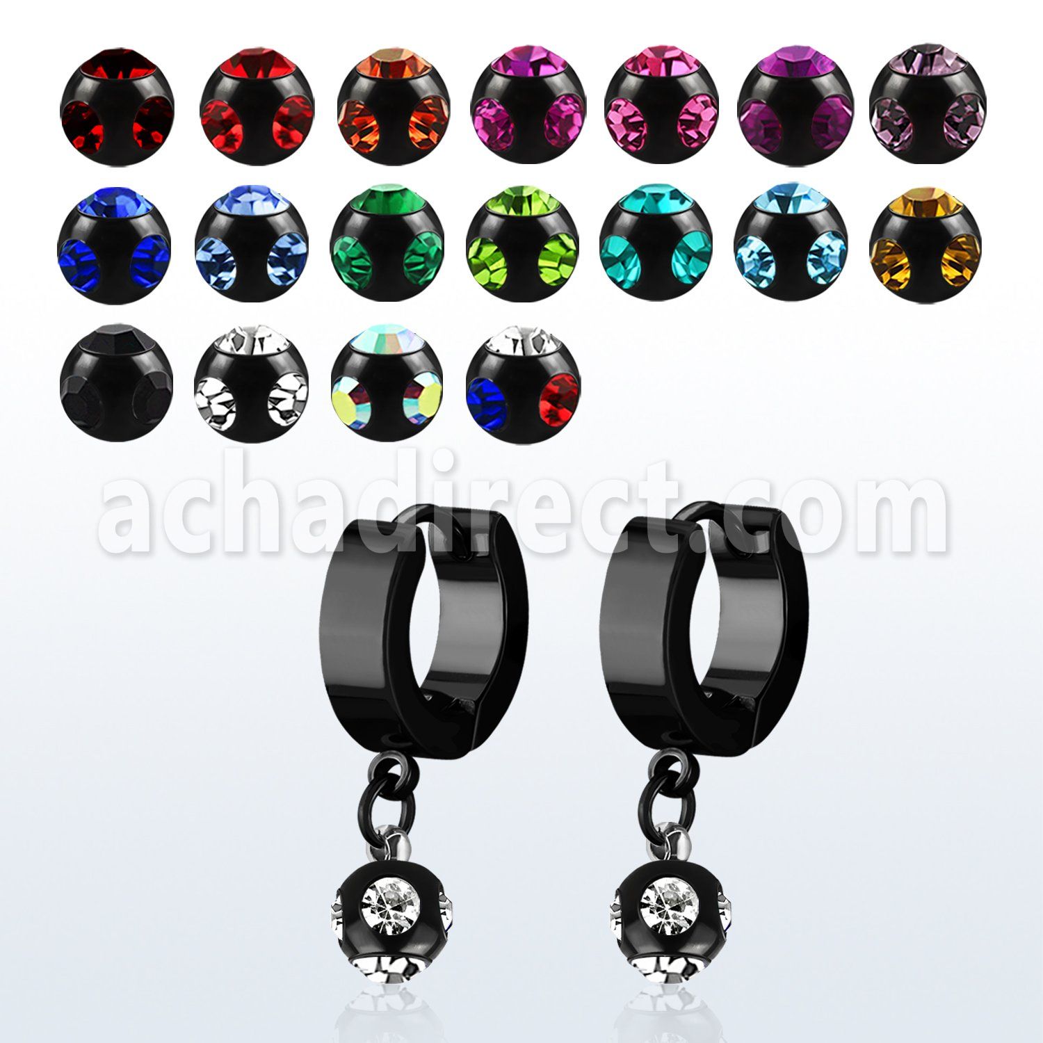 erkmjt6 pendiente huggie oreja acero inoxidable pvd negro 6mm multi jewel ball distribuidor mayorista