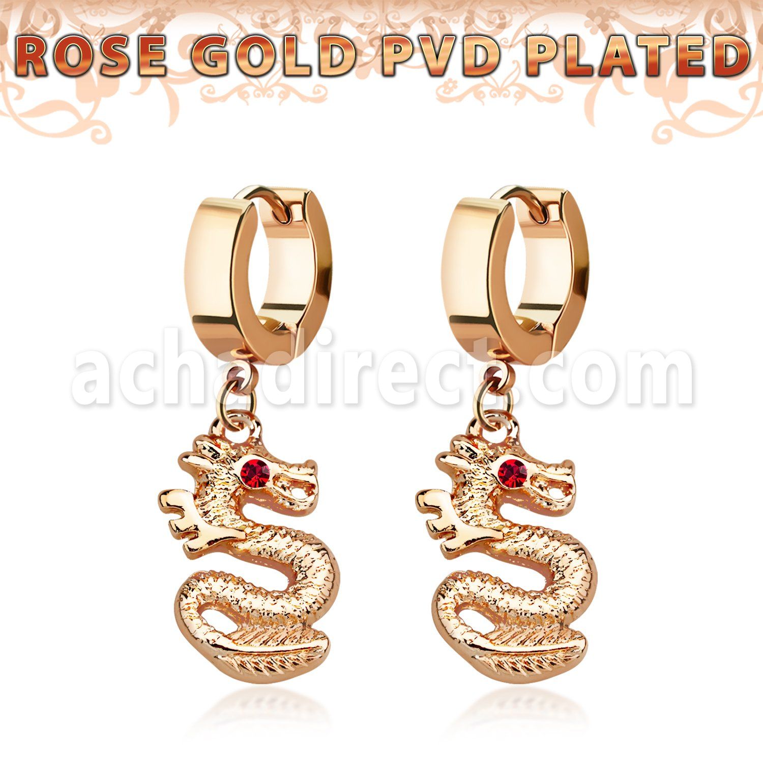 err721 rosegold pvd plated steel earrings dragon pair
