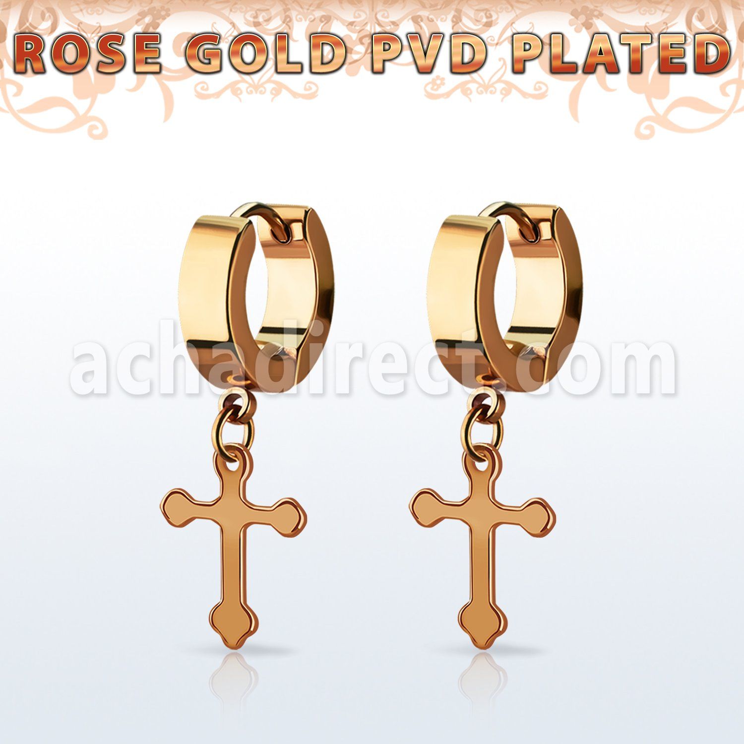 errcro pendiente huggie oreja acero inoxidable pvd oro rosa colgante vintage cross al por mayor