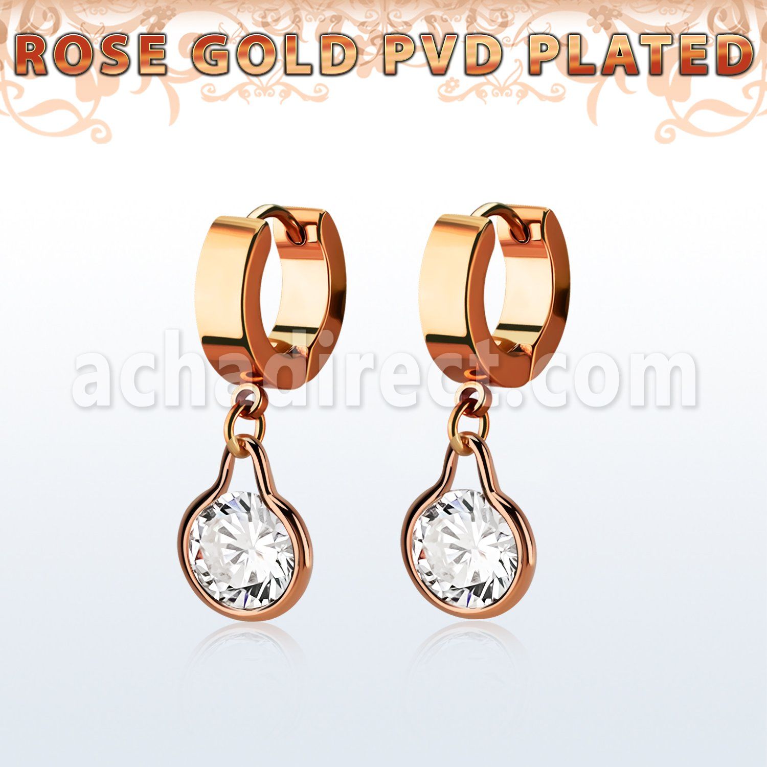 errz417 pendiente huggie oreja acero inoxidable pvd oro rosa colgante zirconia redonda oro rosa venta