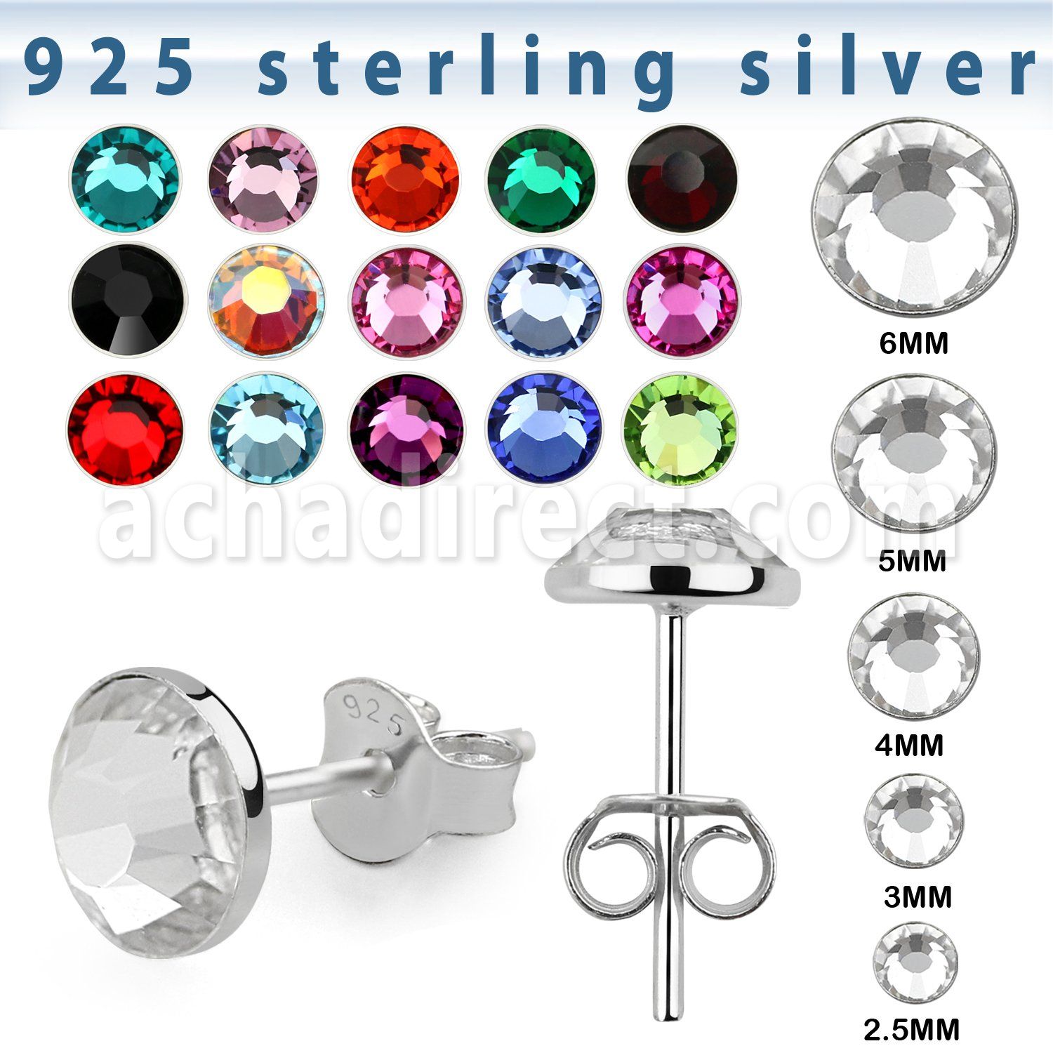ervfb par piercing oreja plata 925 cristal extra plano mayorista