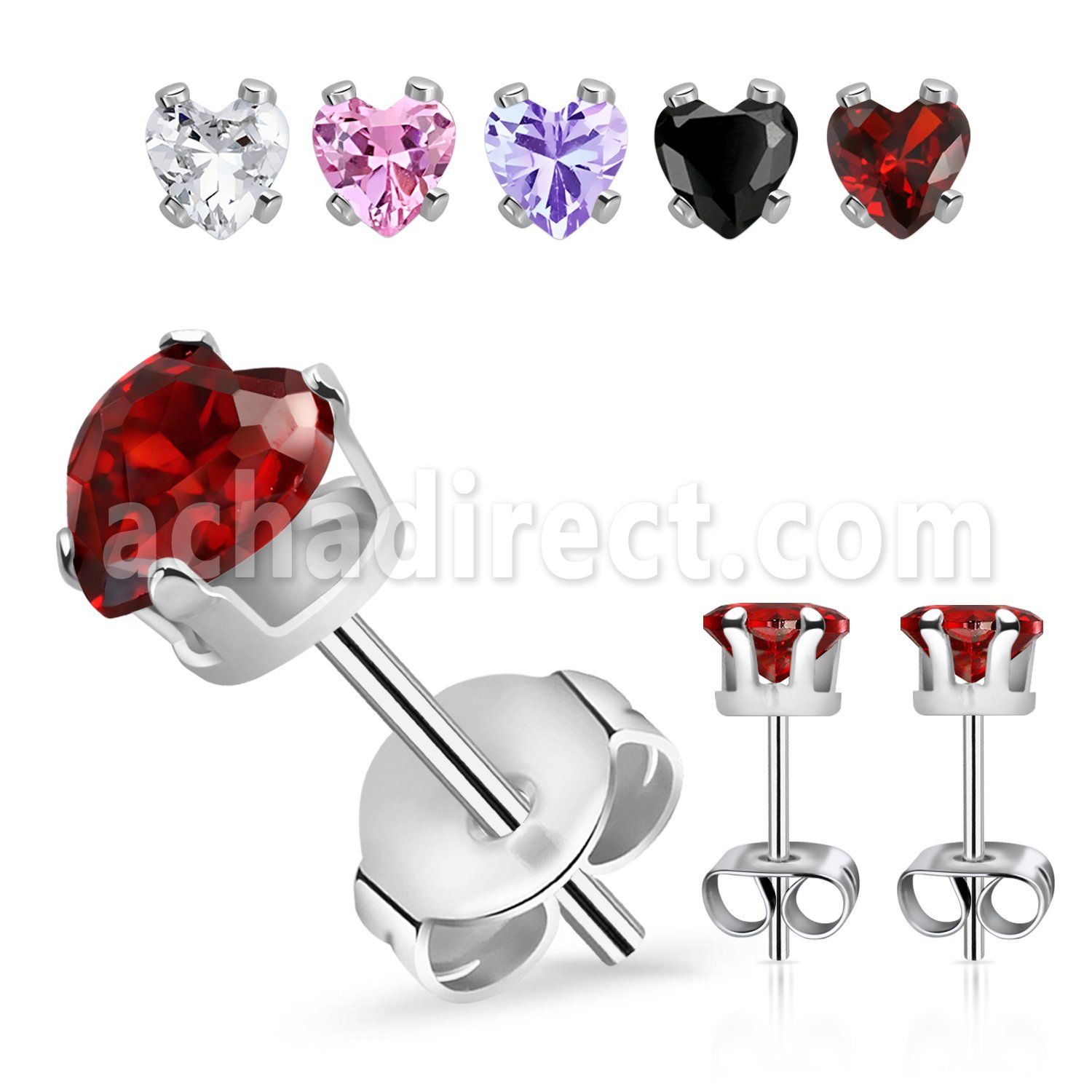 erzhtm steel ear studs prong set heart color cz one pair