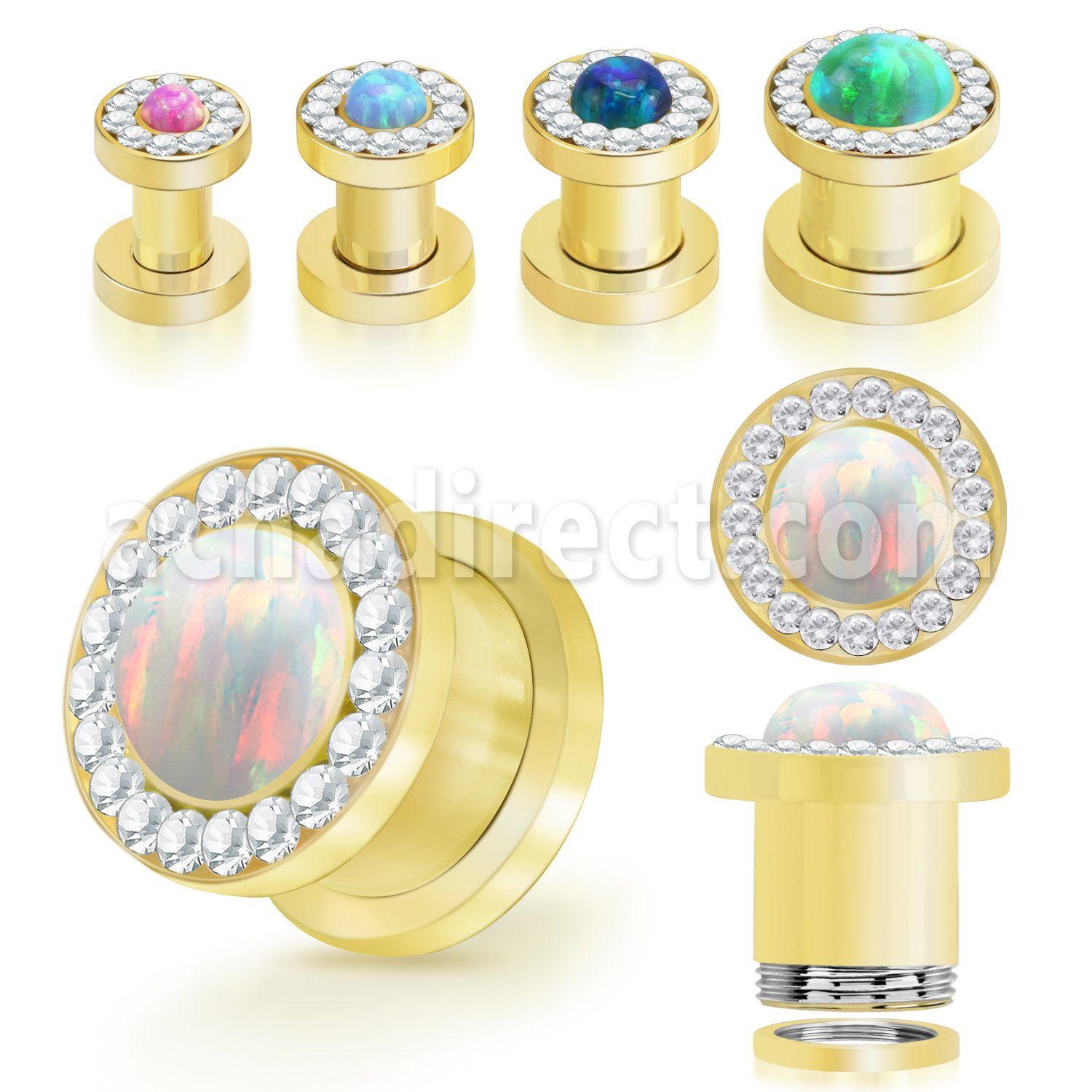 fgscpco gold pvd plated steel flesh tunnel synthetic opal