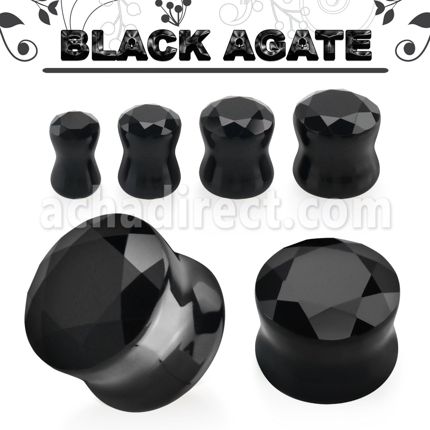 fgsd black agate stone double flare plug faceted cut