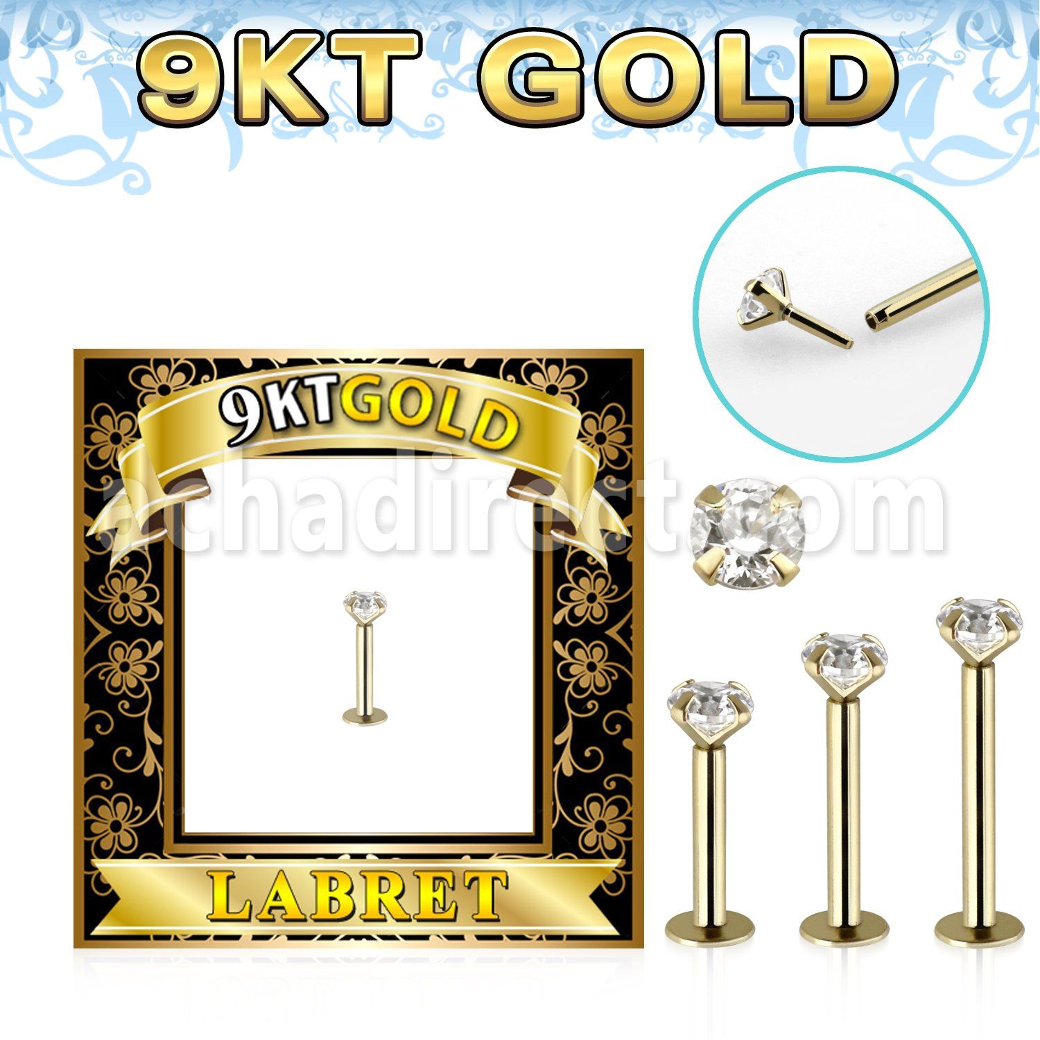 g9lbz 9k gold labret 16g threadless push pin top cz