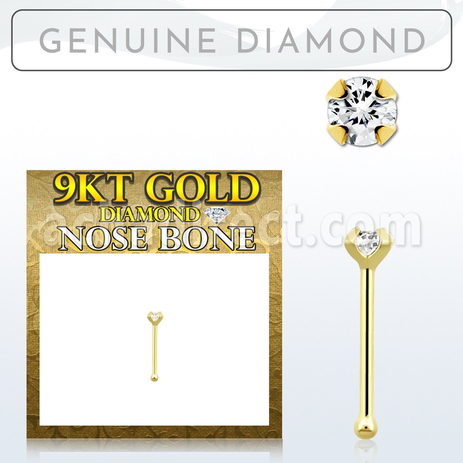 g9npdb2 genuine diamond 9k gold nose bone 2mm prong set round diamond