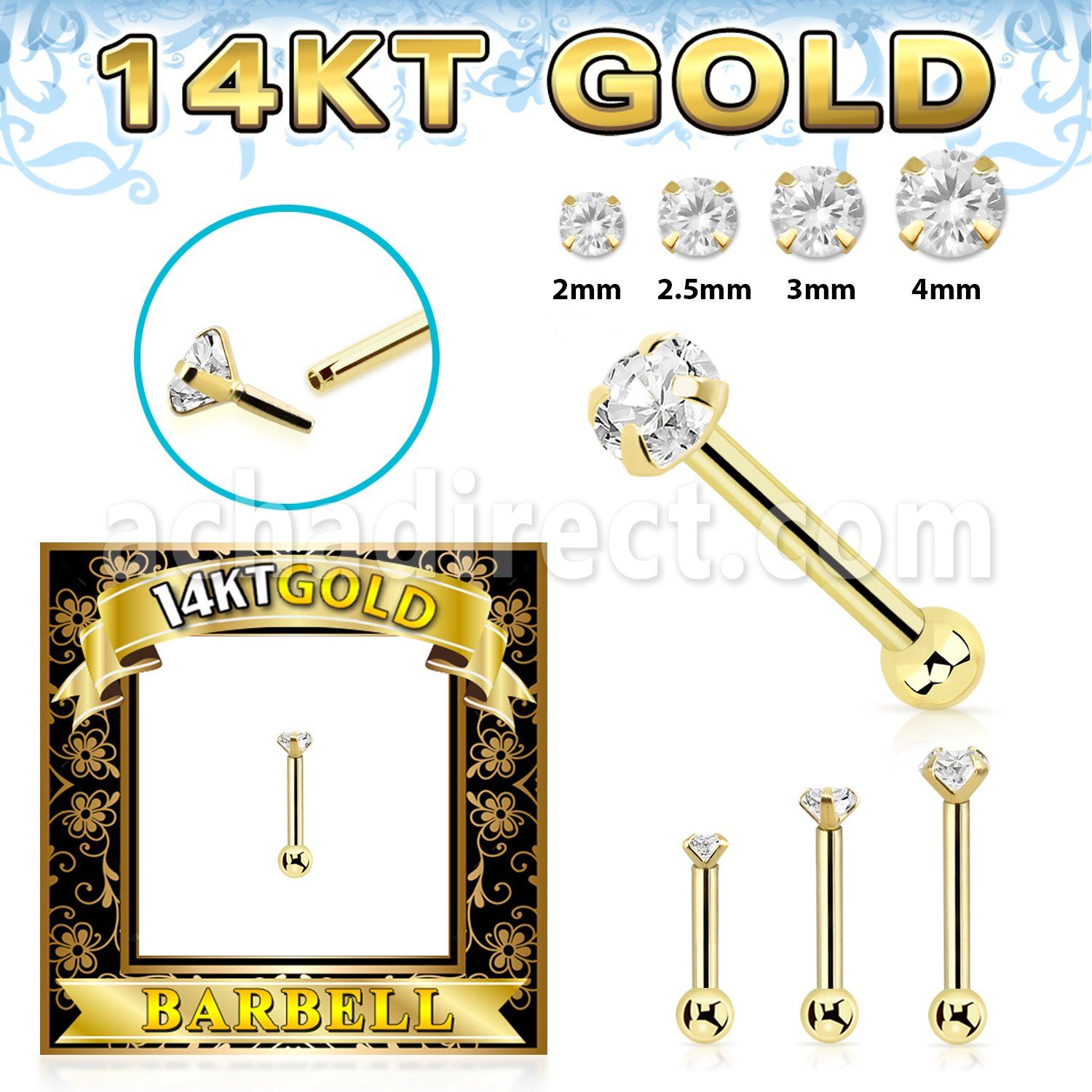 gbbbz 14k gold threadless push pin barbell 16g cz ball
