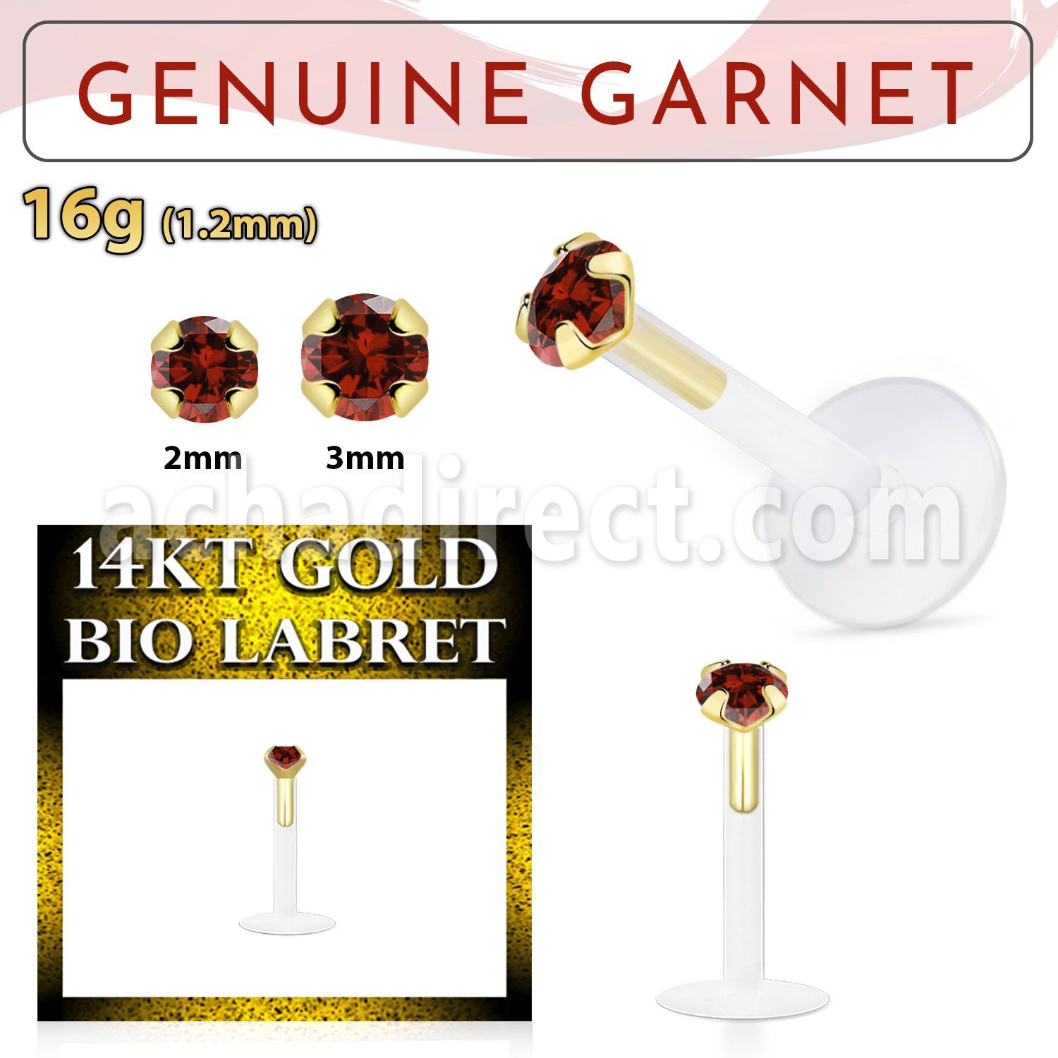 gbige2 labret bio flexible transparente presion oro 14 kts granate legitimo 2mm distribuidor mayorista