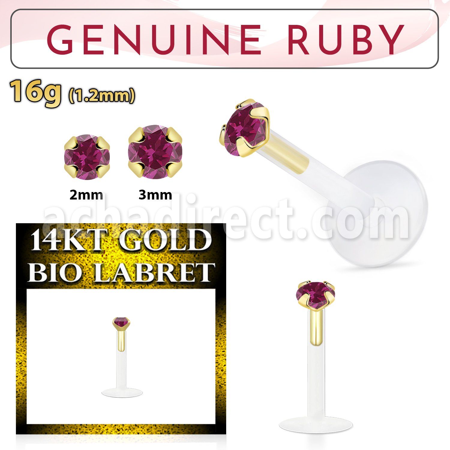 gbige5 labret bio flexible transparente presion oro 14 kts rubi legitimo 2mm venta