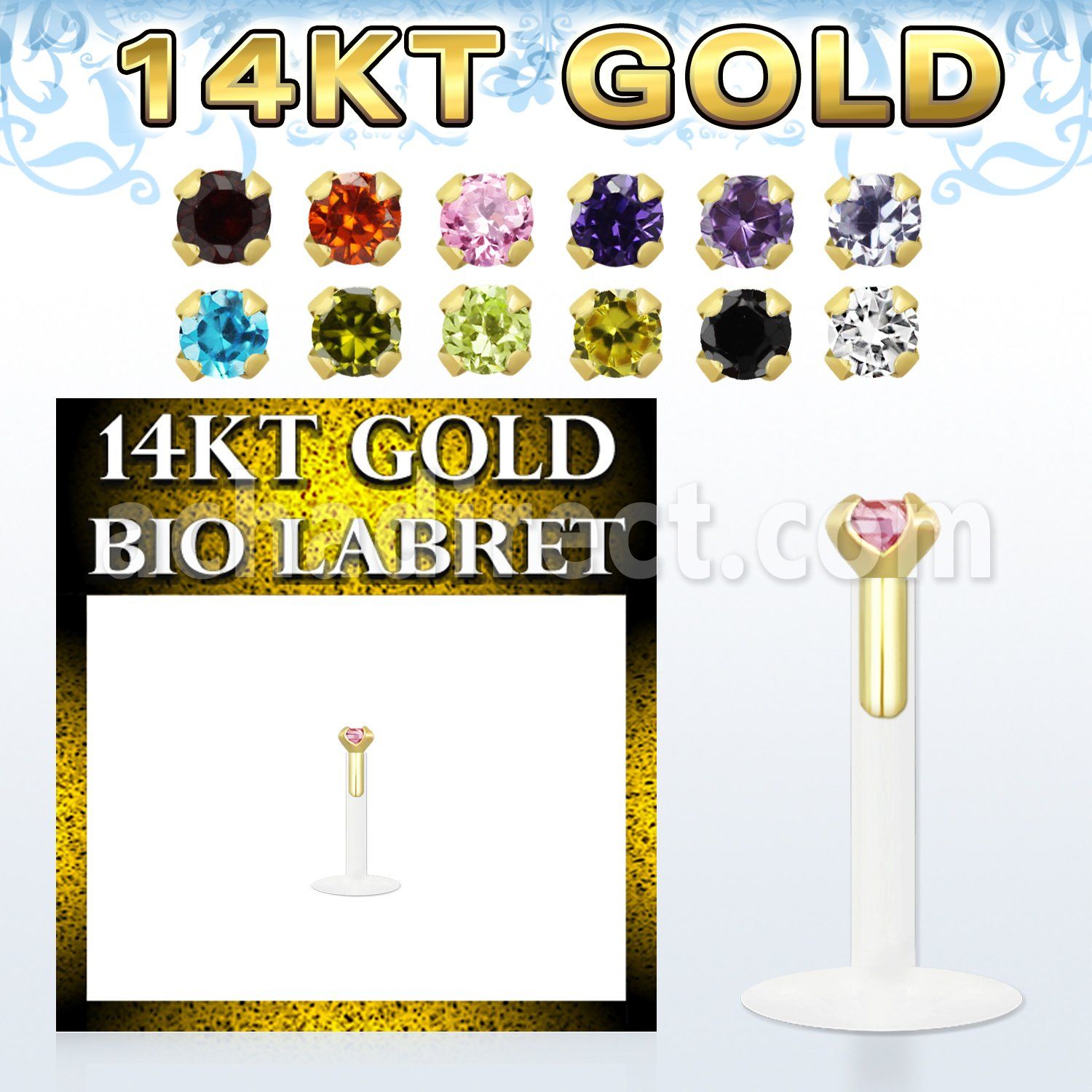 gbilz labret bio flexible transparente presion oro 14 kts zirconita redonda 2mm mayorista