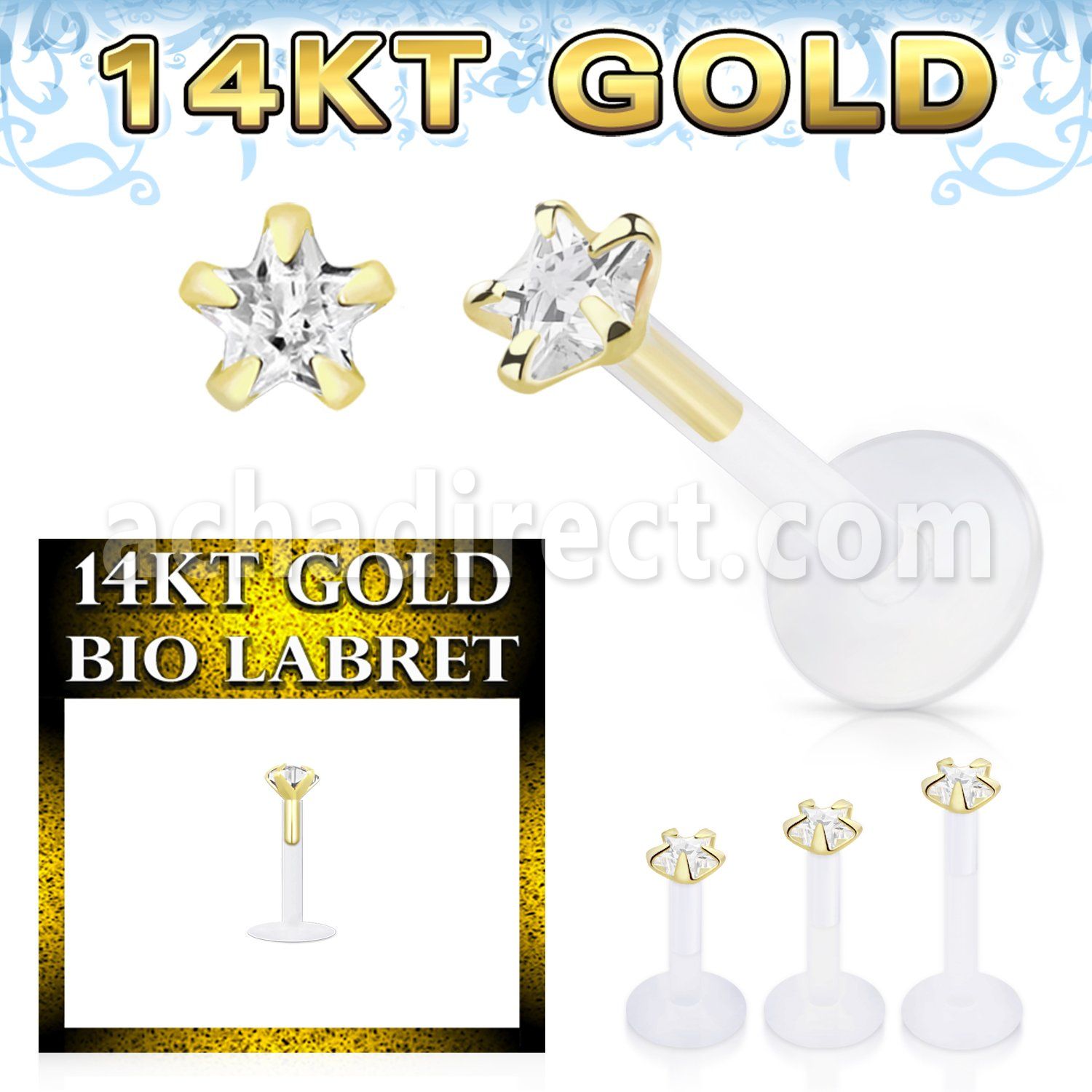 gbizsc labret bio flexible transparente presion oro 14 kts estrella 3mm zirconita clara mayorista