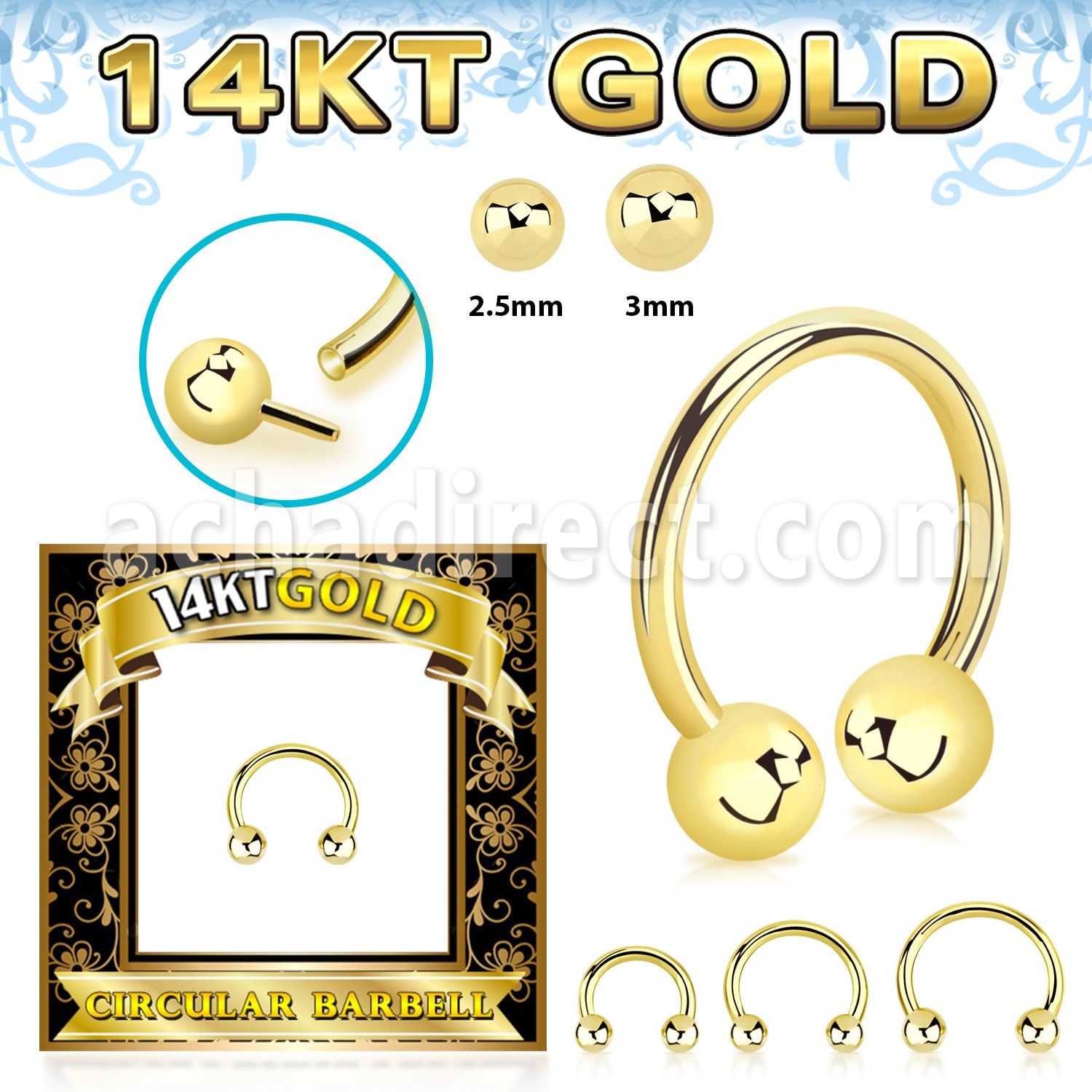 gcbb 14k gold threadless push pin circular barbell 16g balls