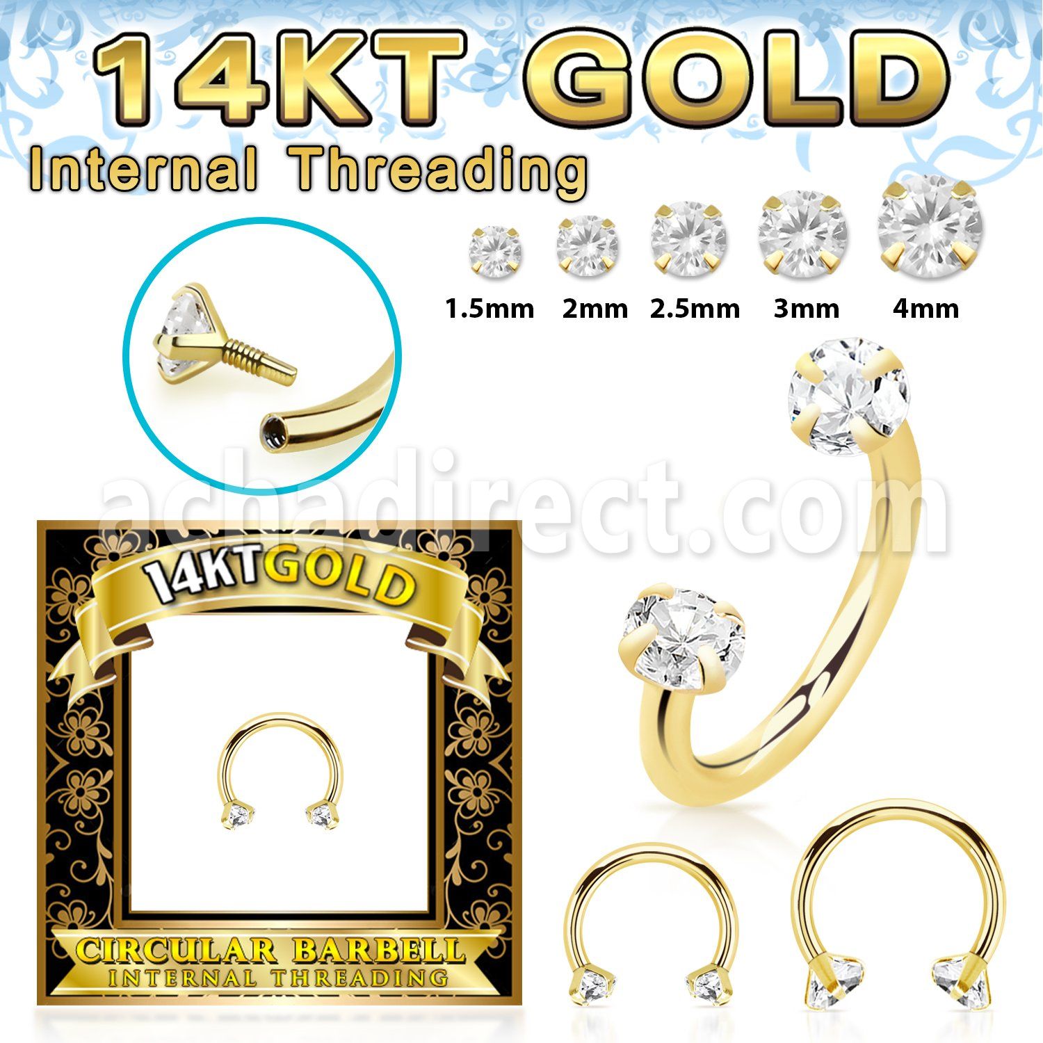 gcbzi 14k gold circular barbell 16g round clear cz internal