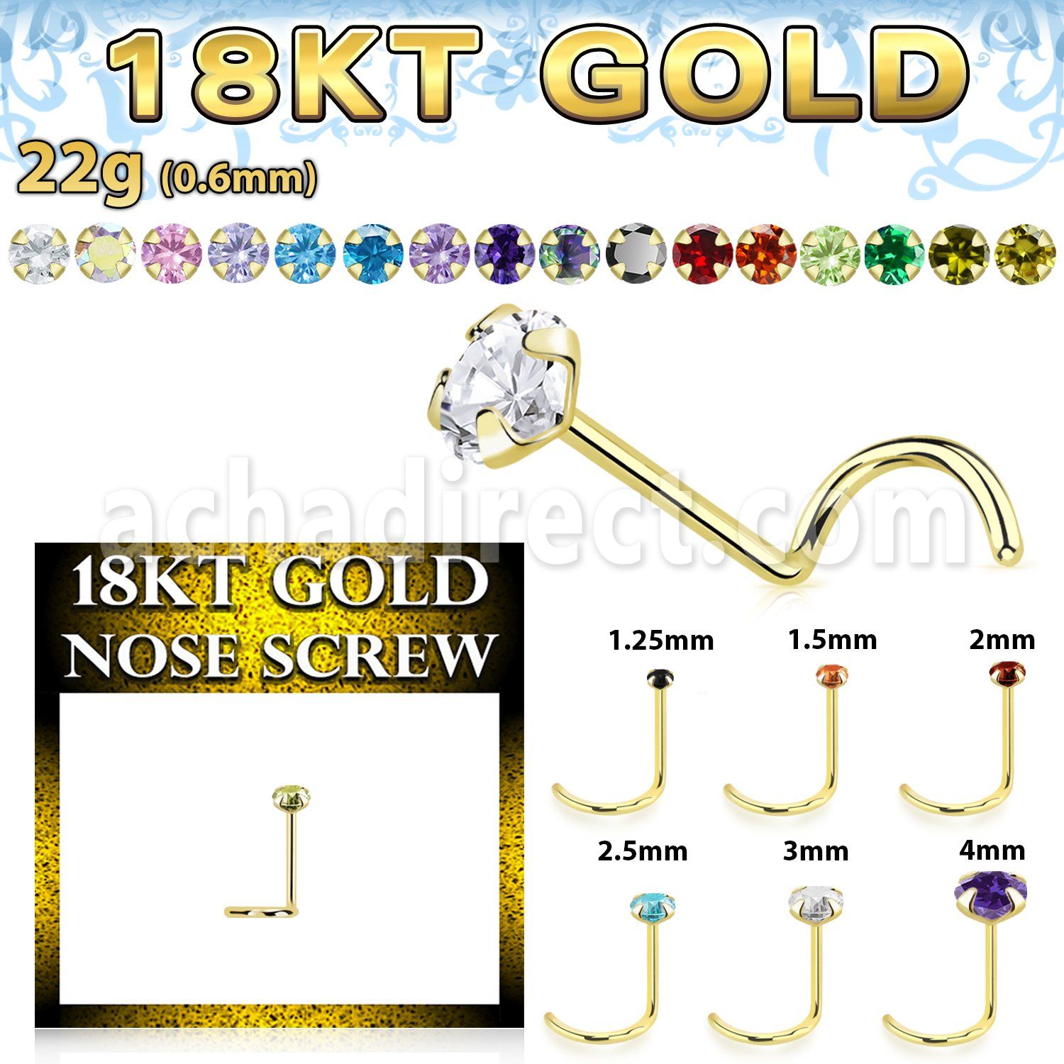 ggszm 18k gold nose screw 22g prong set color cz
