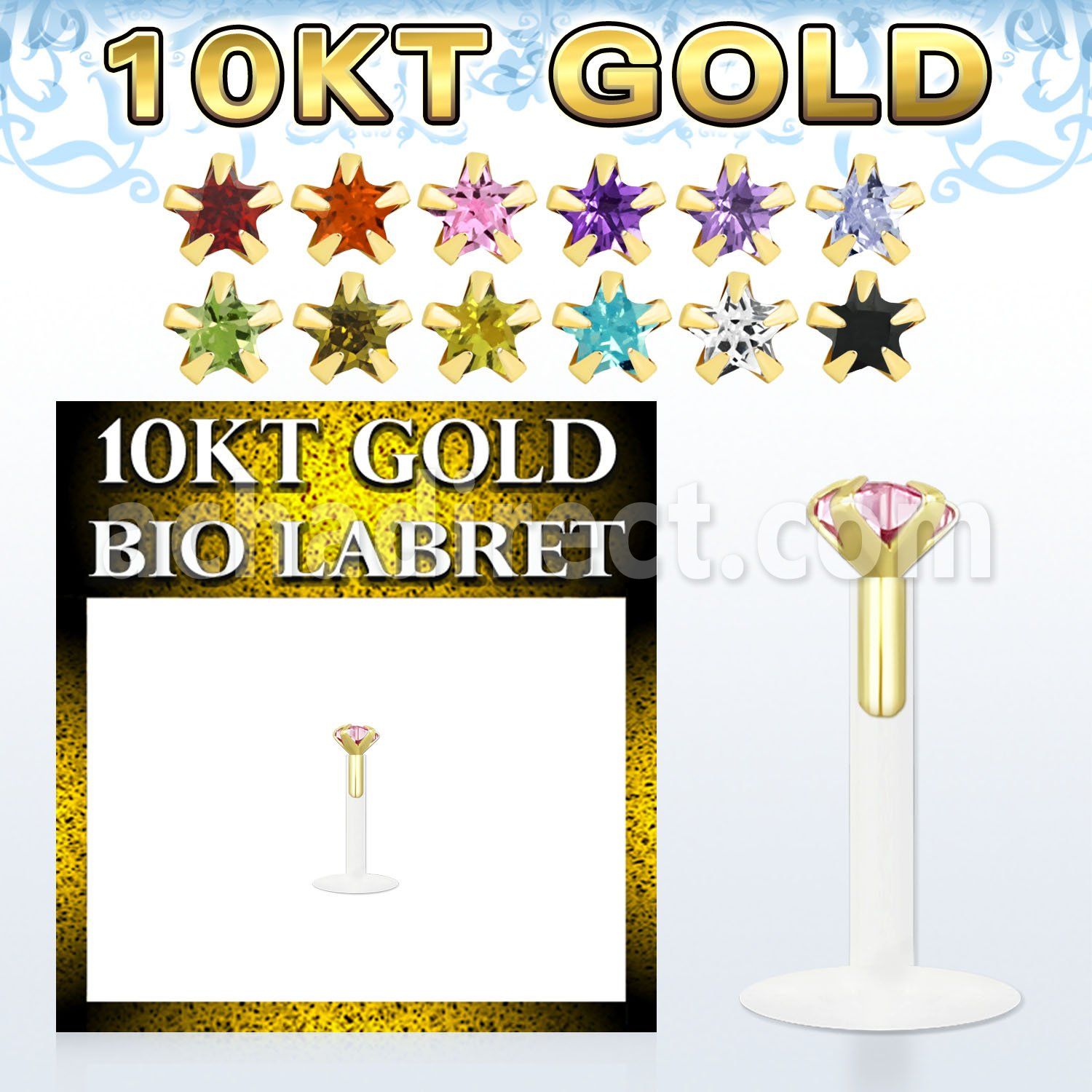 gibizsm bioflex labret with push in gold top w star prong cz