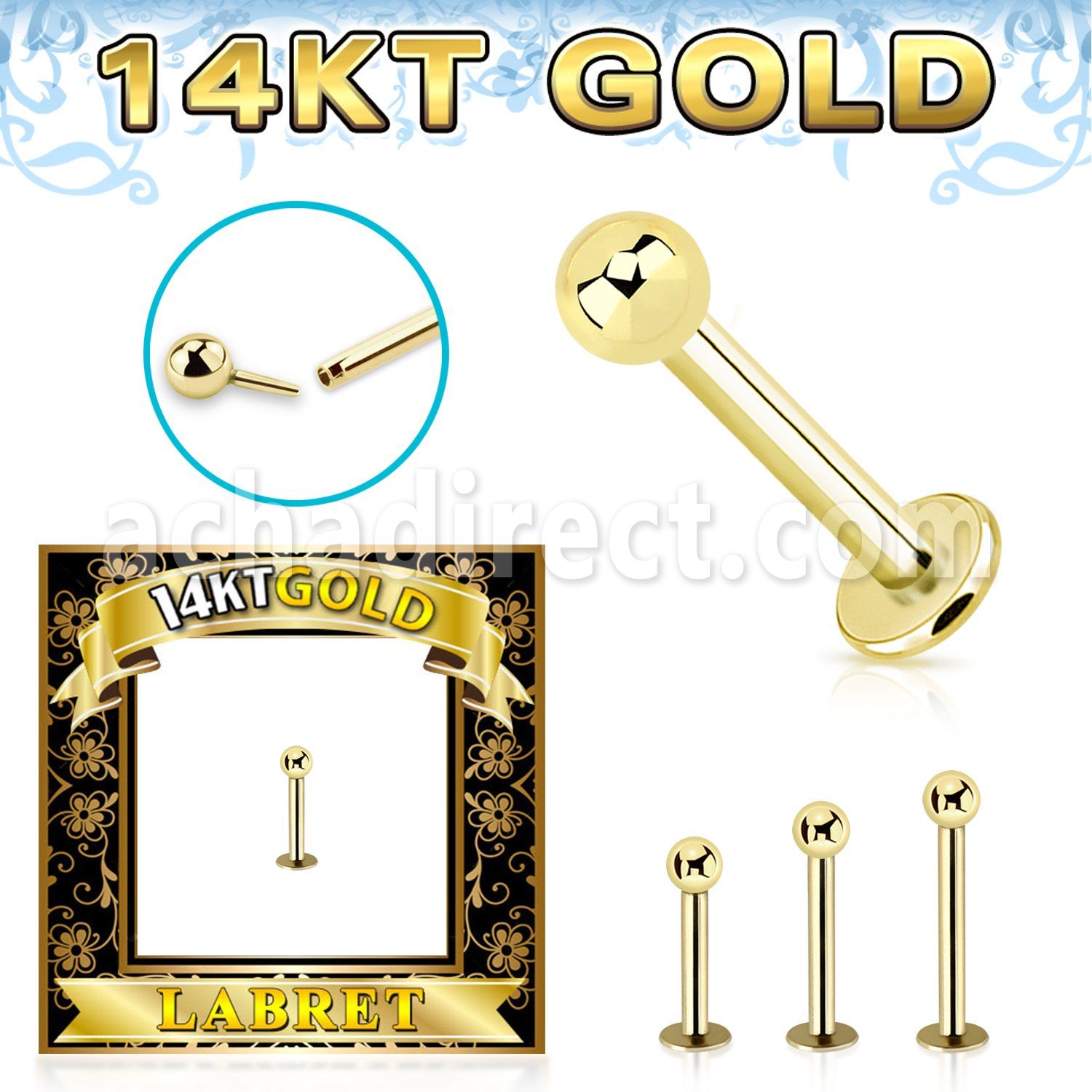 glbb25 14k gold labret 16g a threadless push pin ball