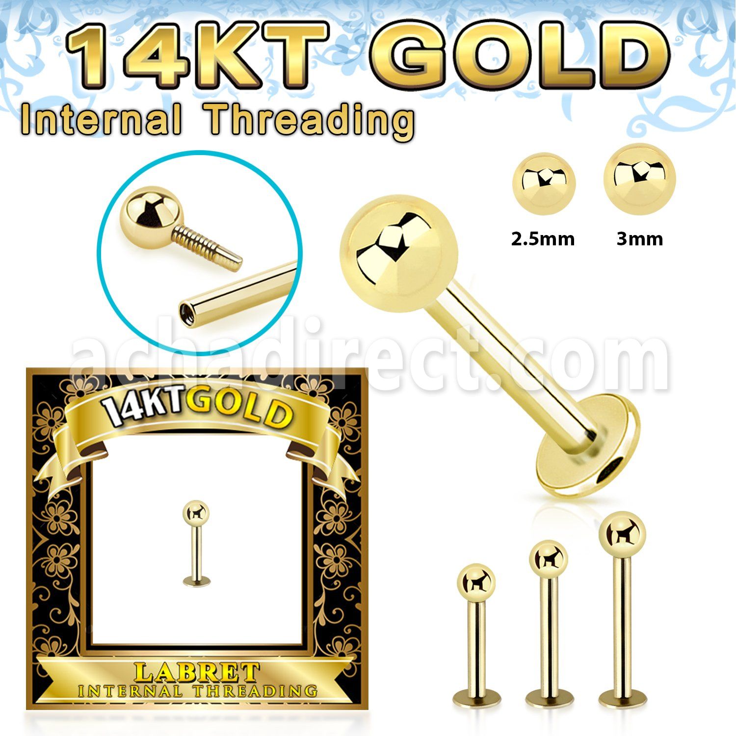 glbbi 14k gold labret 16g plain ball top internal