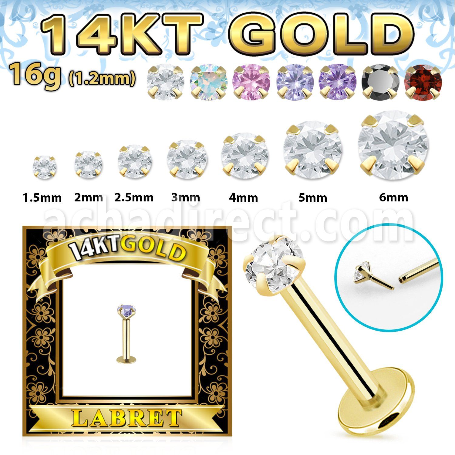 glbz labret solido oro 14 kts rosca presion zirconita clara distribuidor mayorista