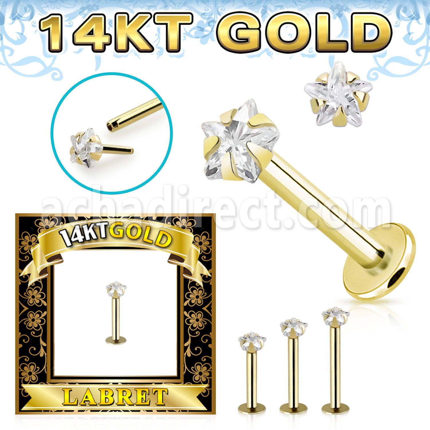 glbzsr 14k gold labret 3mm prong set star cubic zirconia (cz) stone