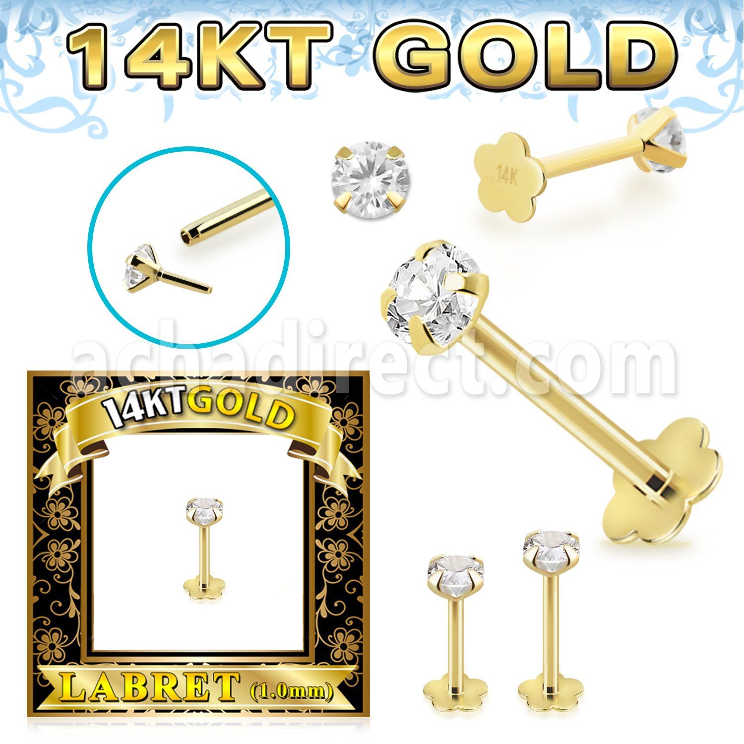 glfzx 14k gold labret round clear cz push pin prong flower