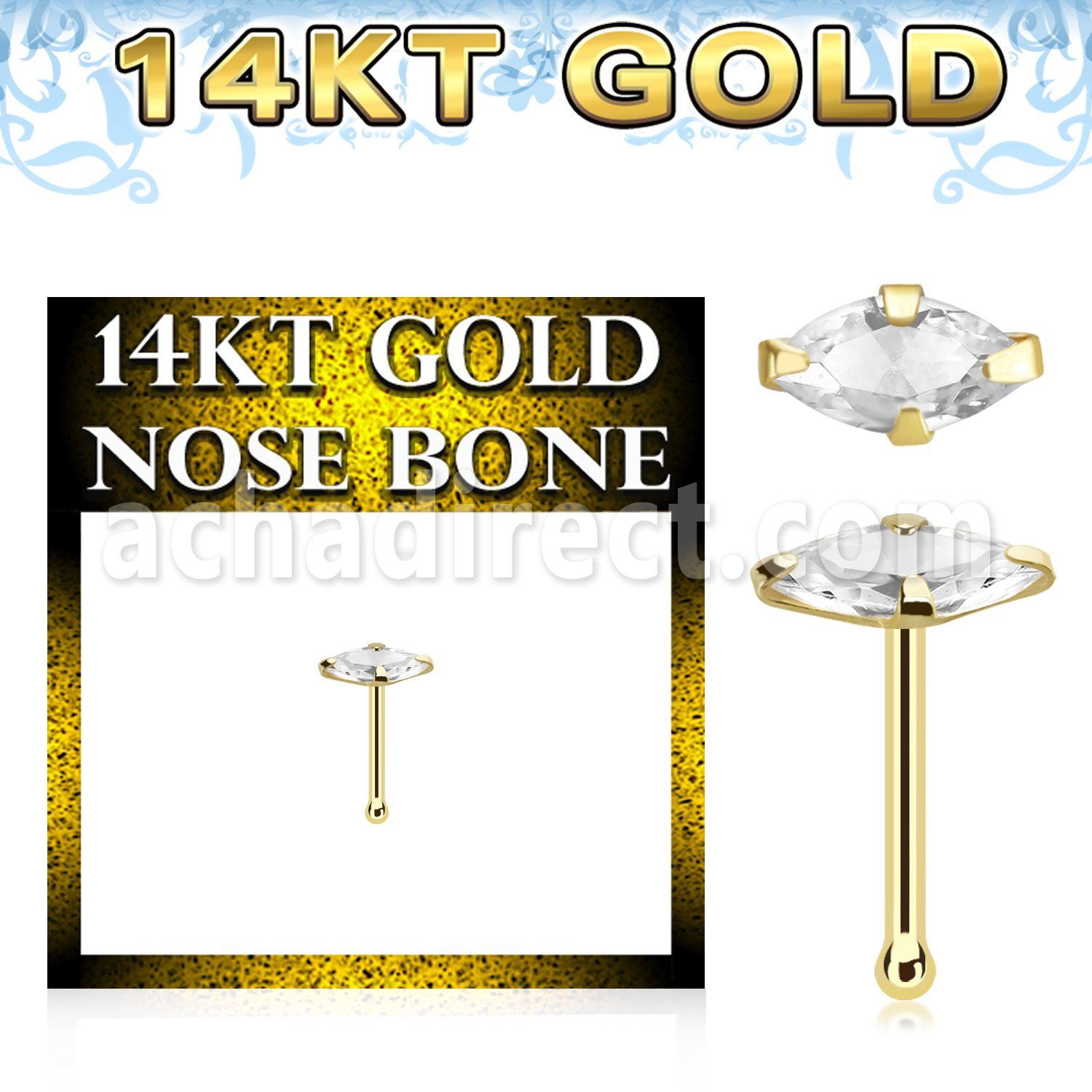 gnbmqm1 14k gold nose bone prong set cz stone marquise