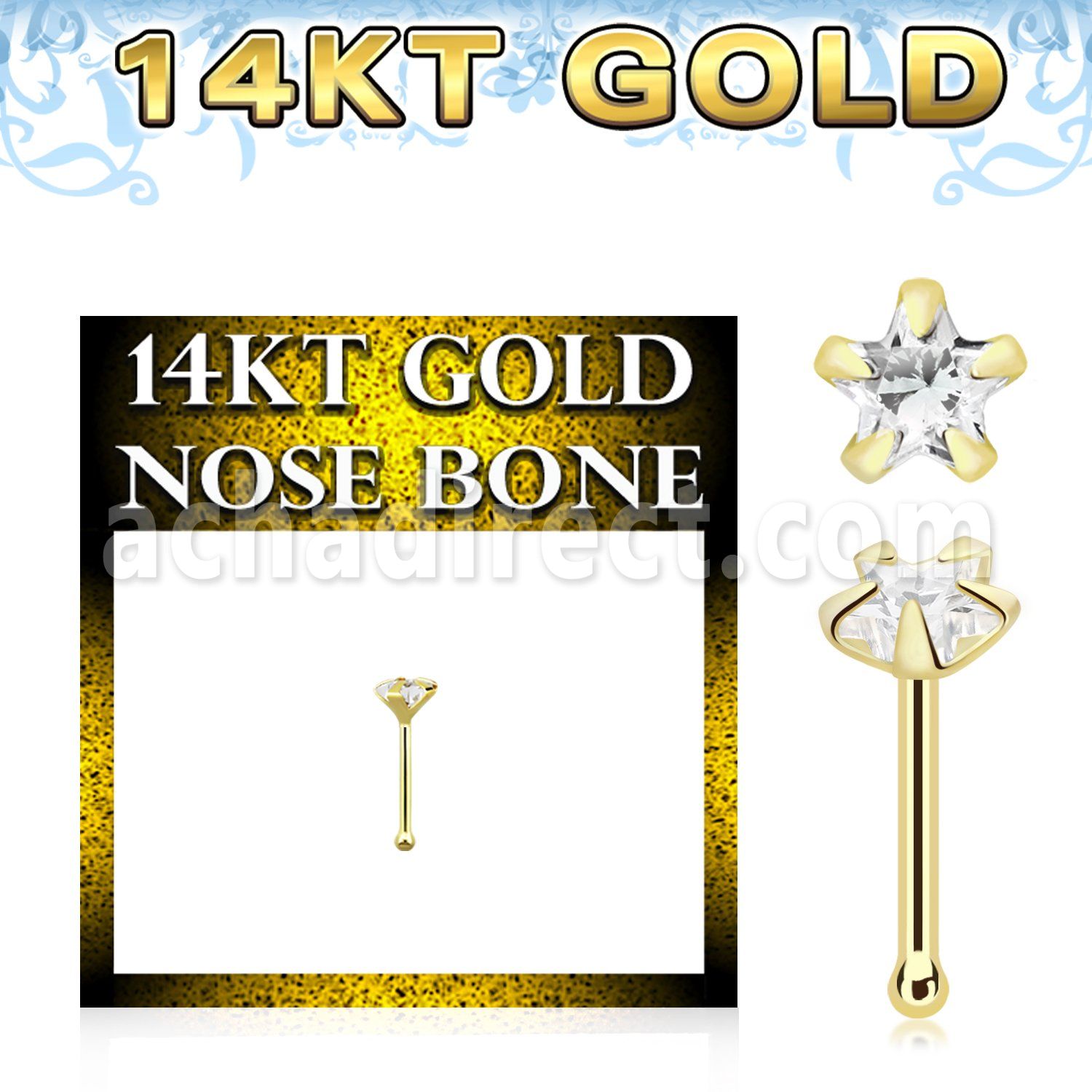 gnbsc1 14k gold nose bone round cz stone star