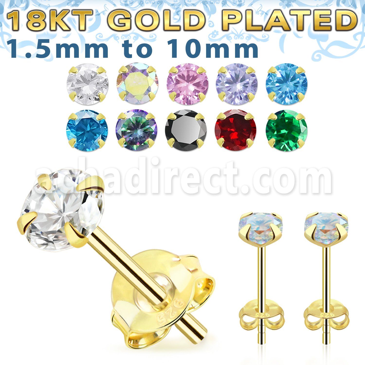 gprzm one pair 18k gold plated silver ear studs cz