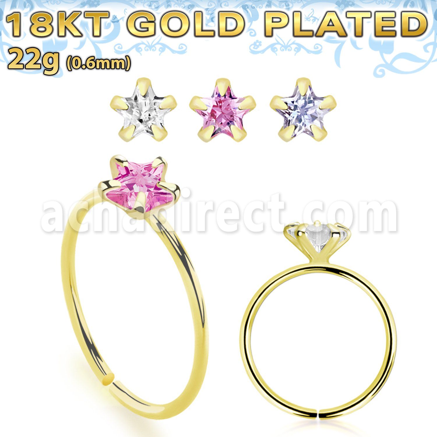 gpzsm22 18k gold plated silver seamless nose ring 22g star