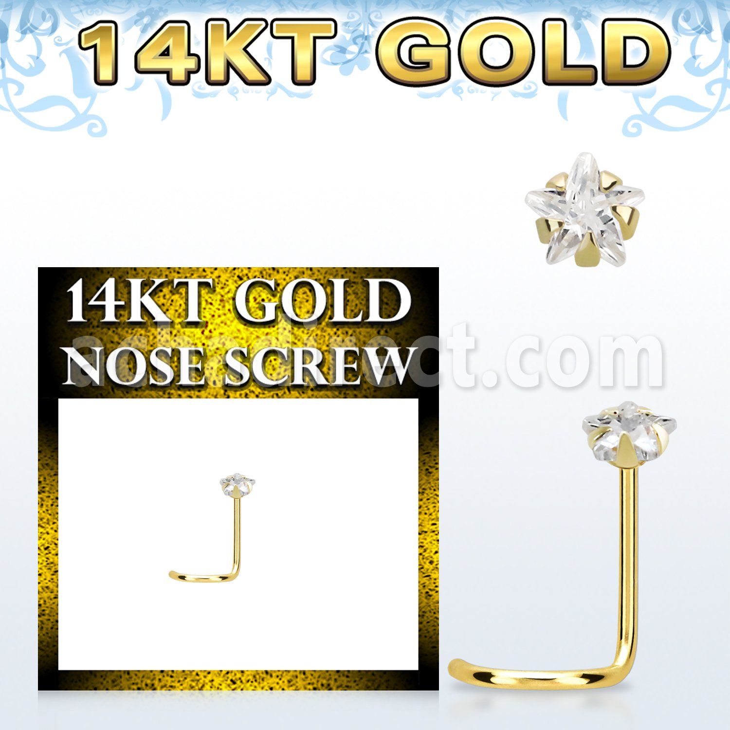 gszsrm1 14k gold nose screw 3mm prong set star cubic zirconia (cz) stone