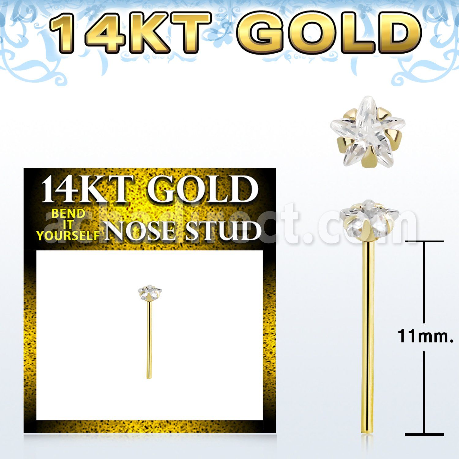 gyzsrm1 14k gold bend it yourself nose stud 3mm prong set star cubic zirconia (cz) stone
