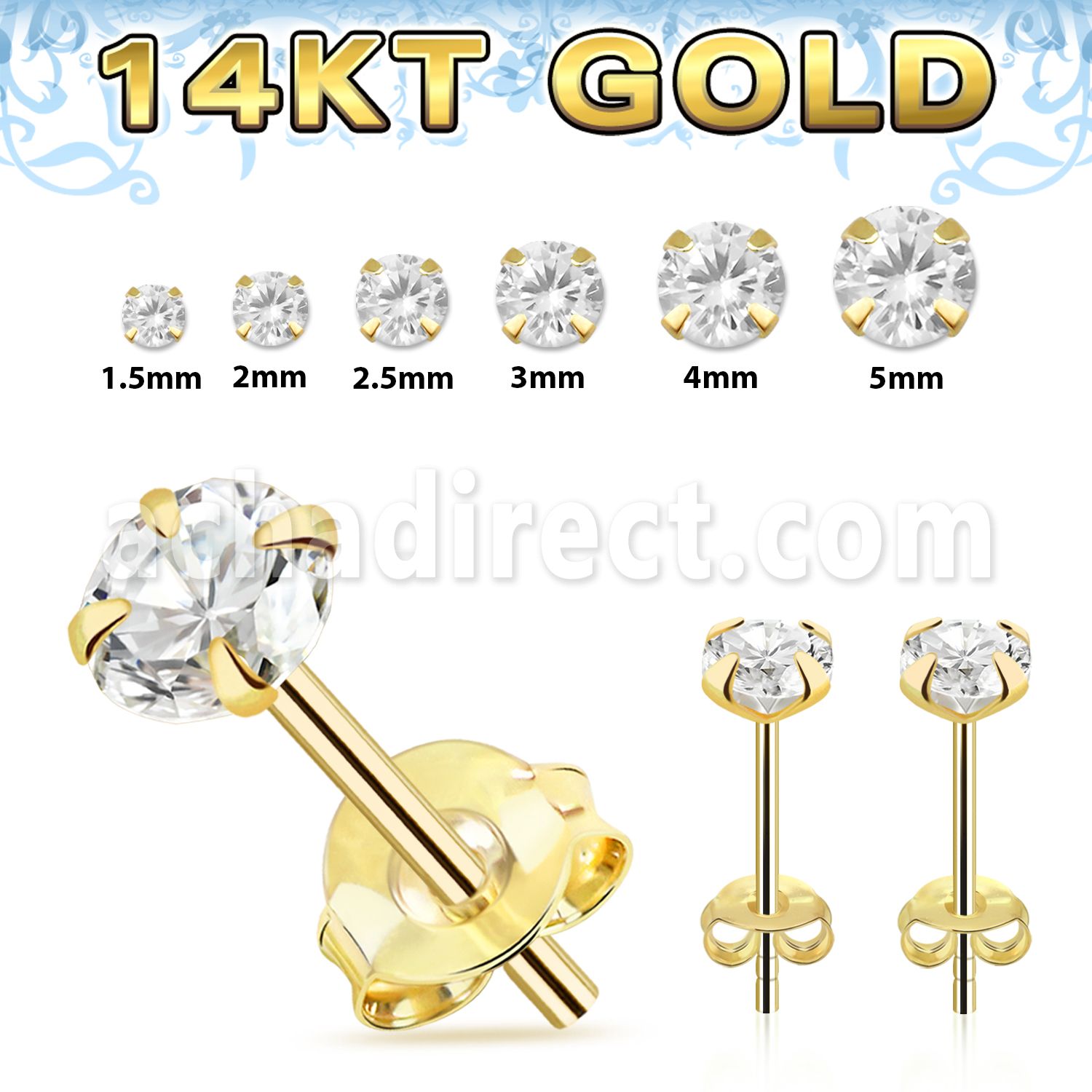 gzr one pair 14k gold ear studs cz