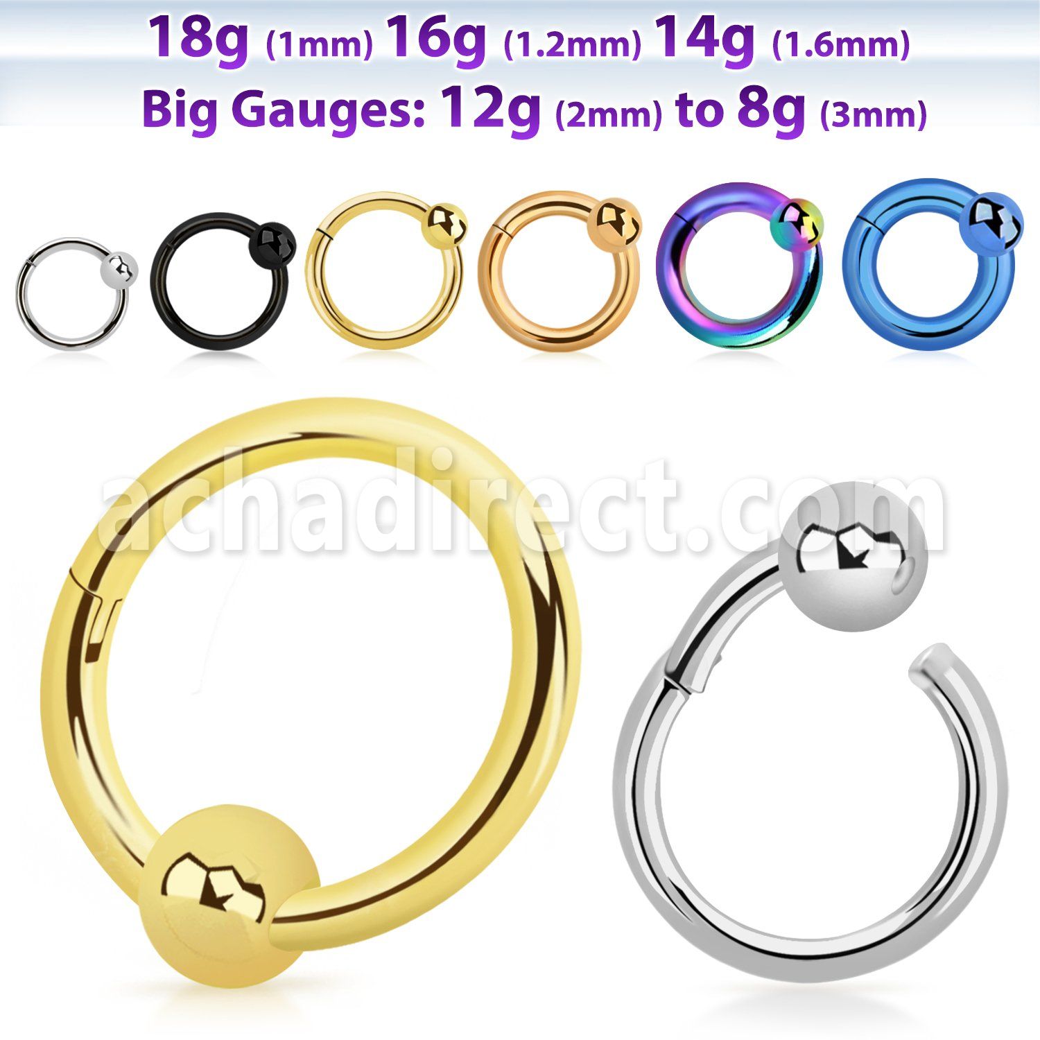 hbcrb pvd plated steel hinged ball closure ring 18g