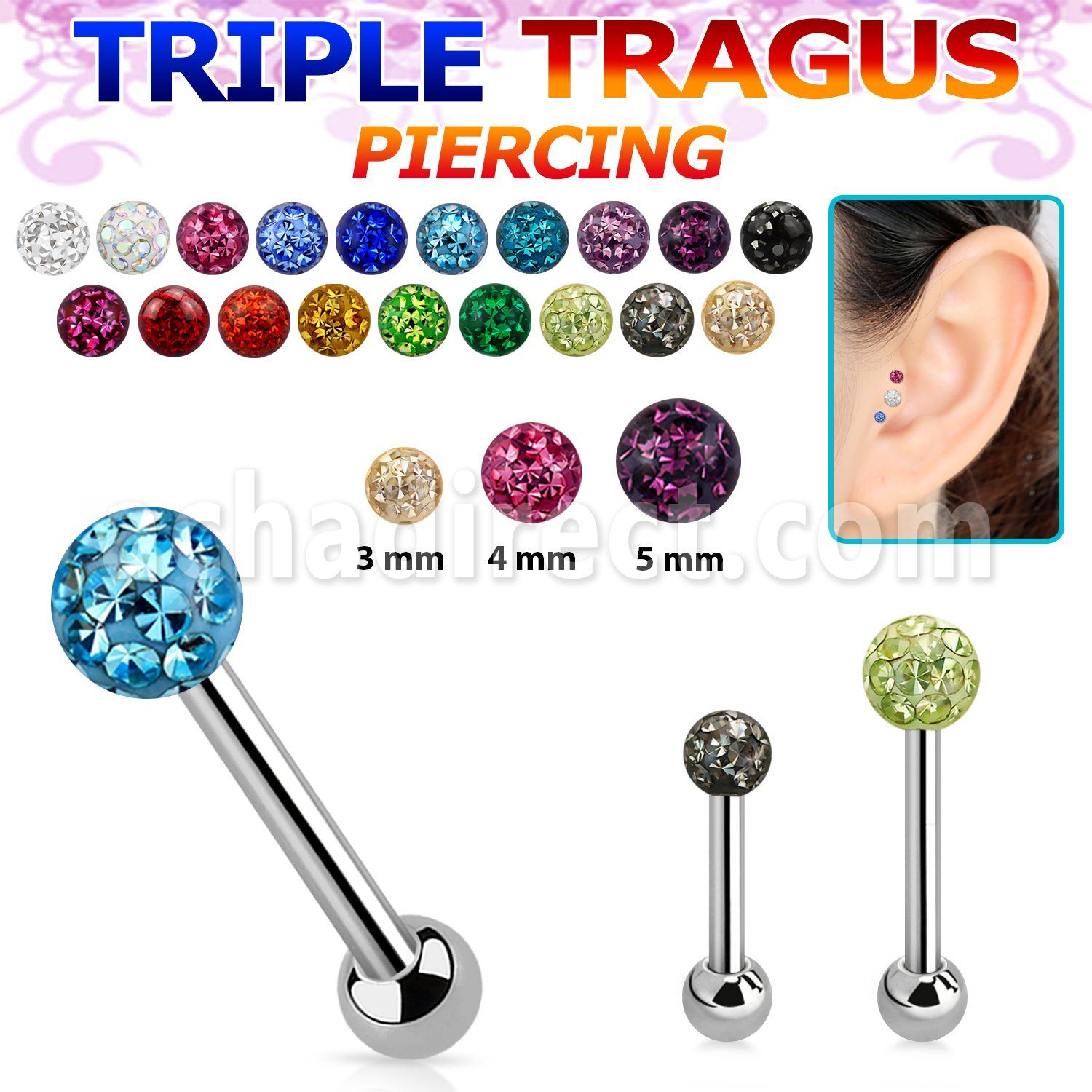 hexcfr piercing tragus triple acero 316l bola 3mm bola 3mm 5mm multi cristal ferido distribuidor mayorista