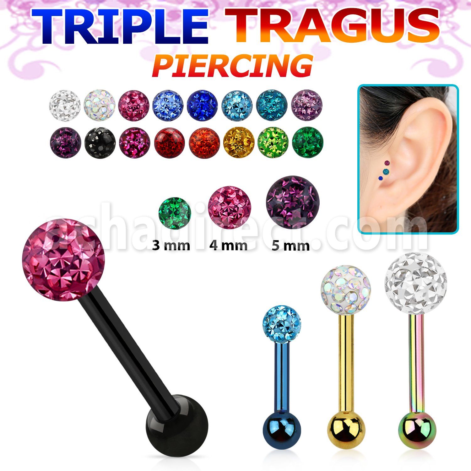 hextcfr piercing tragus triple acero 316l anodizado bola 3mm bola multi cristal ferido 3mm 5mm distribuidor mayorista