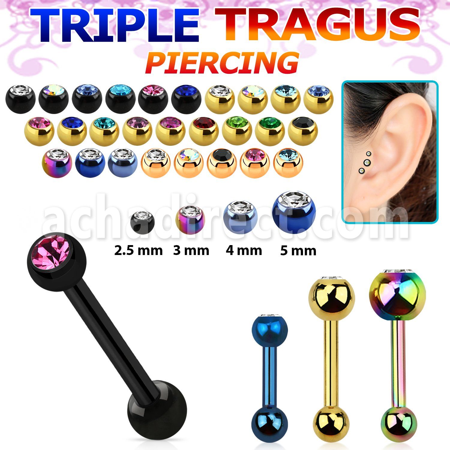 hextdc piercing tragus triple acero 316l anodizado bola 3mm bola joya bisel 3mm 5mm al por mayor