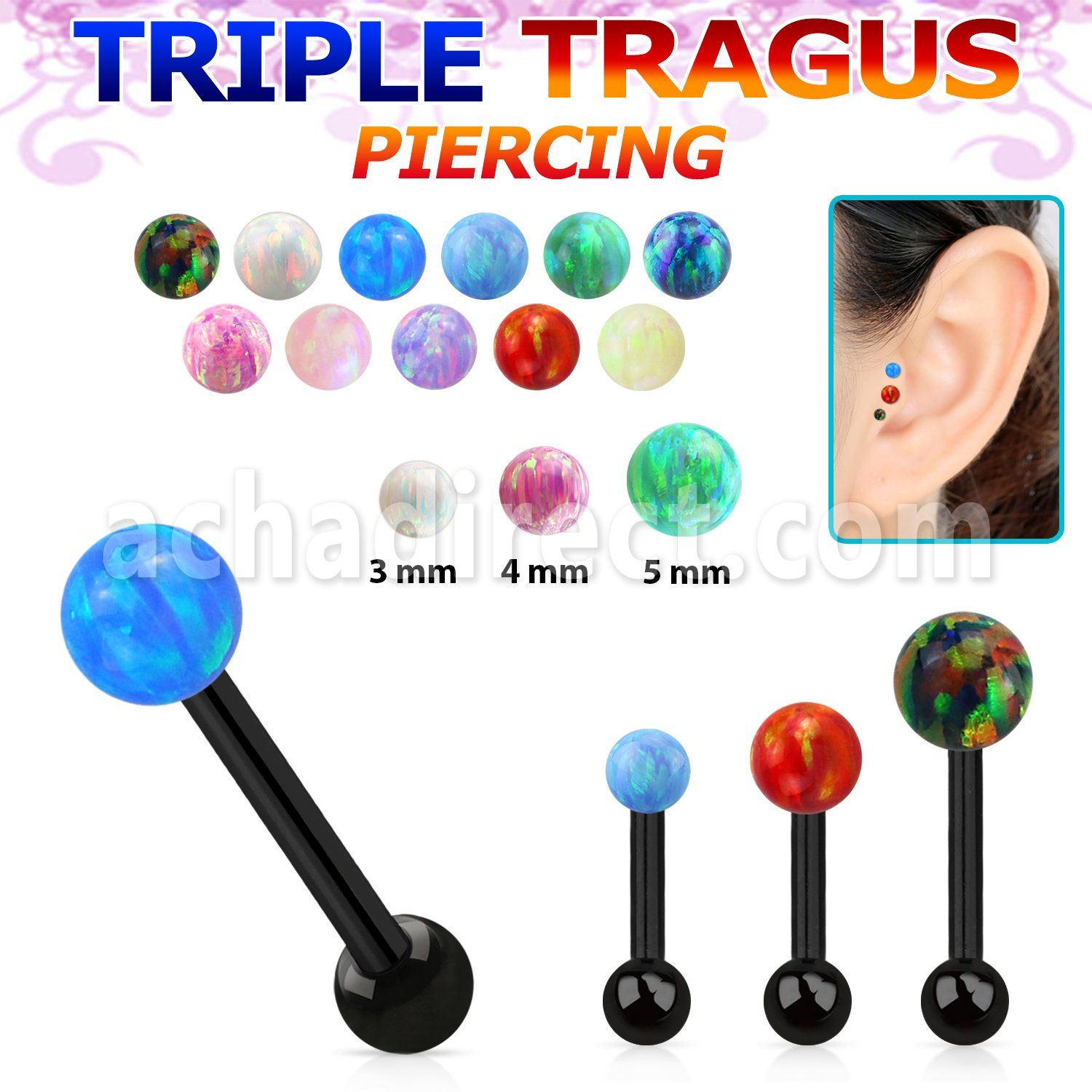 hextiop piercing tragus triple acero 316l anodizado bola opalo 3mm bola acero lisa 3mm al por mayor