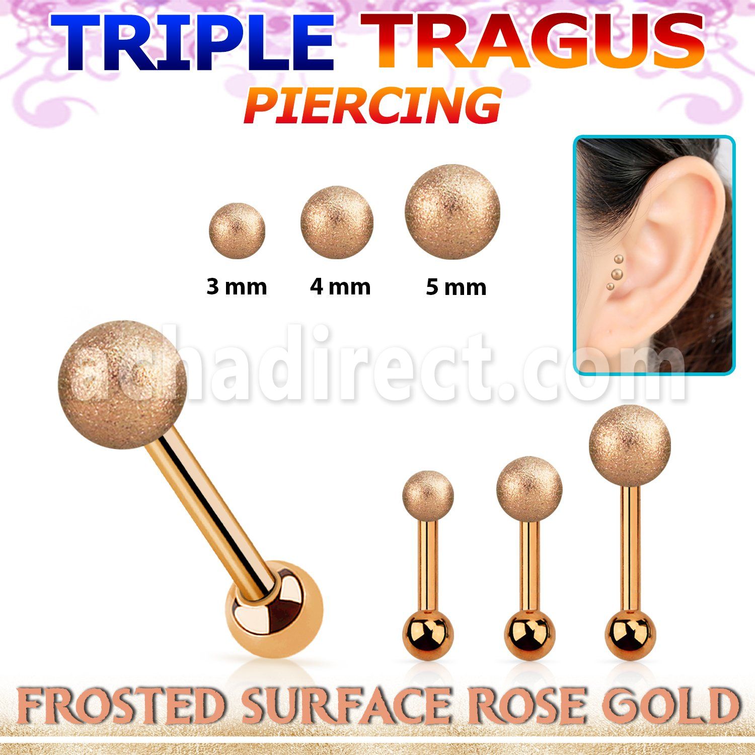 hexttifo piercing tragus triple acero 316l pvd oro rosa bola acero esmerilado 3mm 5mm bola acero lisa 3mm al por mayor