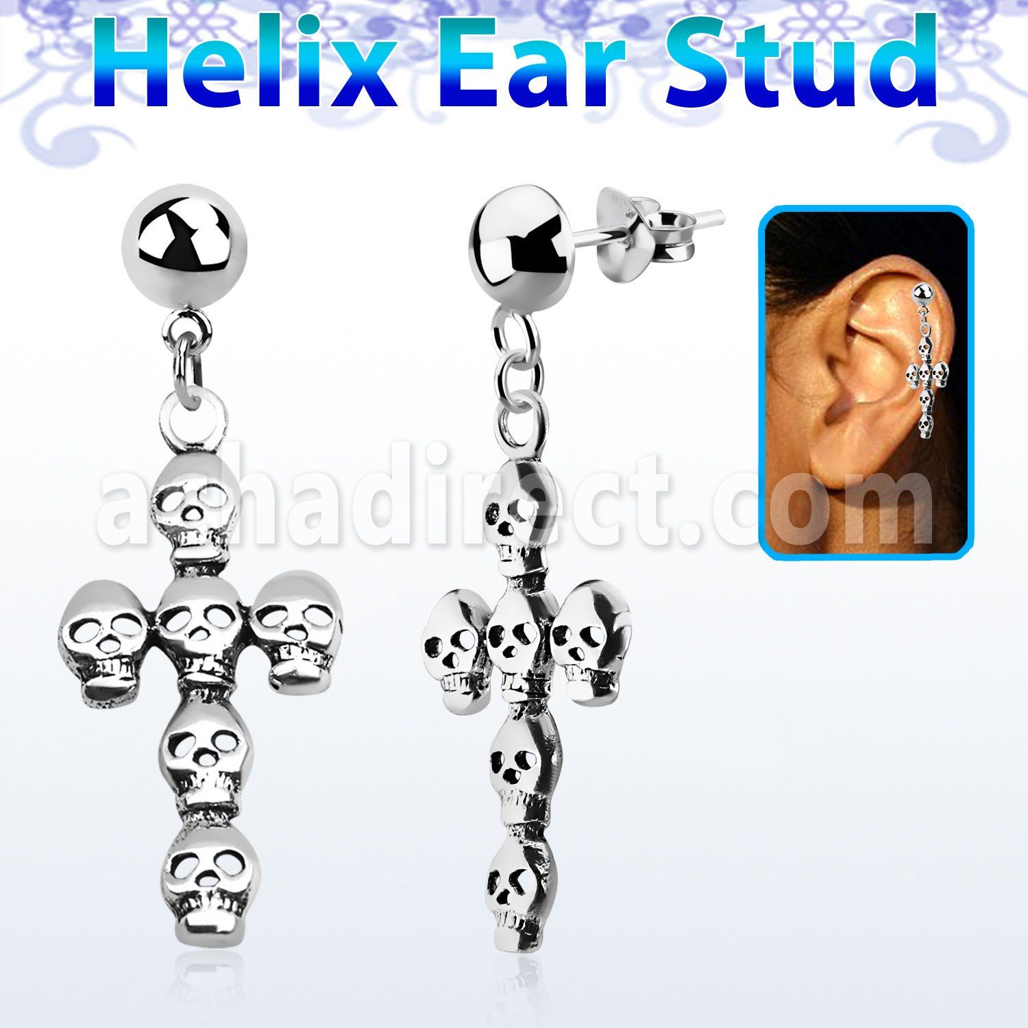 hexvd11 piercing helix plata esterlina lisa cruz formada por calaveras plata 925 eja al por mayor