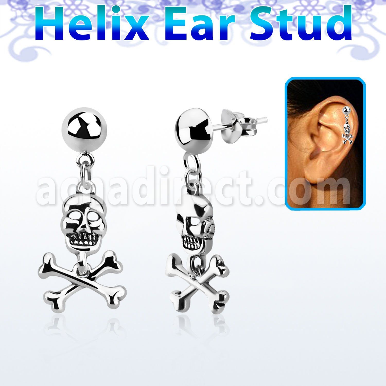 hexvd28 piercing helix plata esterlina 925 lisa calavera huesos cruzados eja distribuidor mayorista