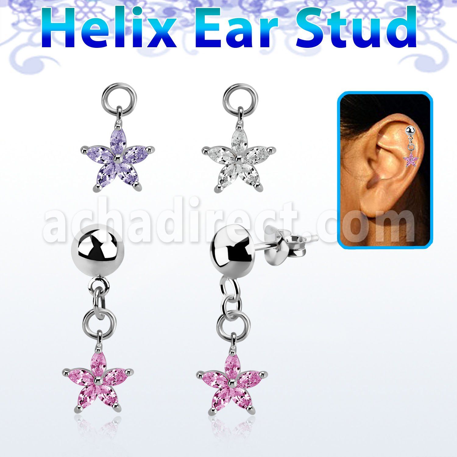 hexvd44 piercing helix plata esterlina 925 lisa colgante flor zirconia plata & distribuidor